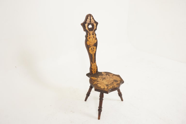 Antique Victorian Carved Spinning Chair, Poker Work, Scotland 1880