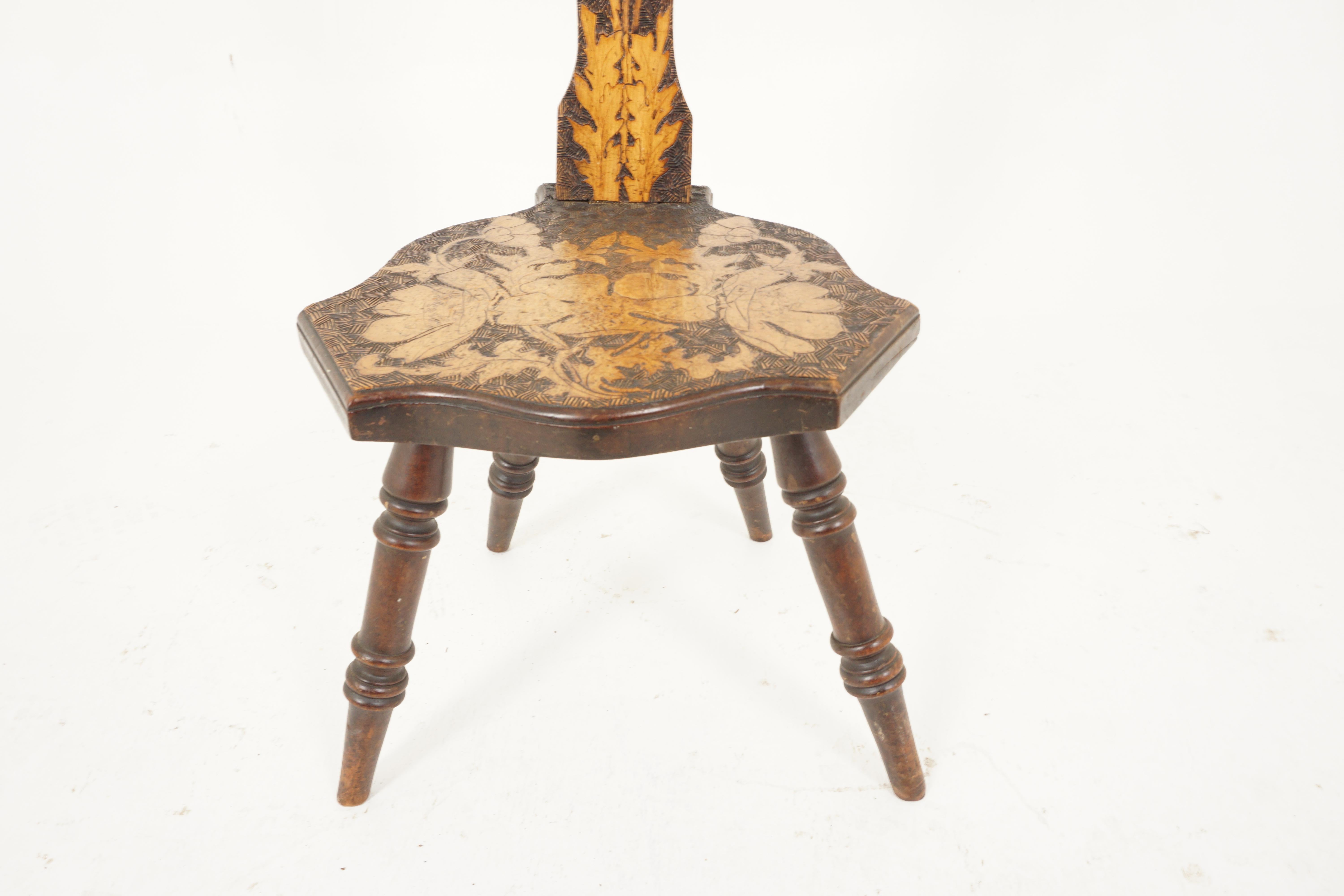 Late 19th Century Antique Victorian Carved Spinning Chair, Poker Work, Scotland 1880, H272 For Sale