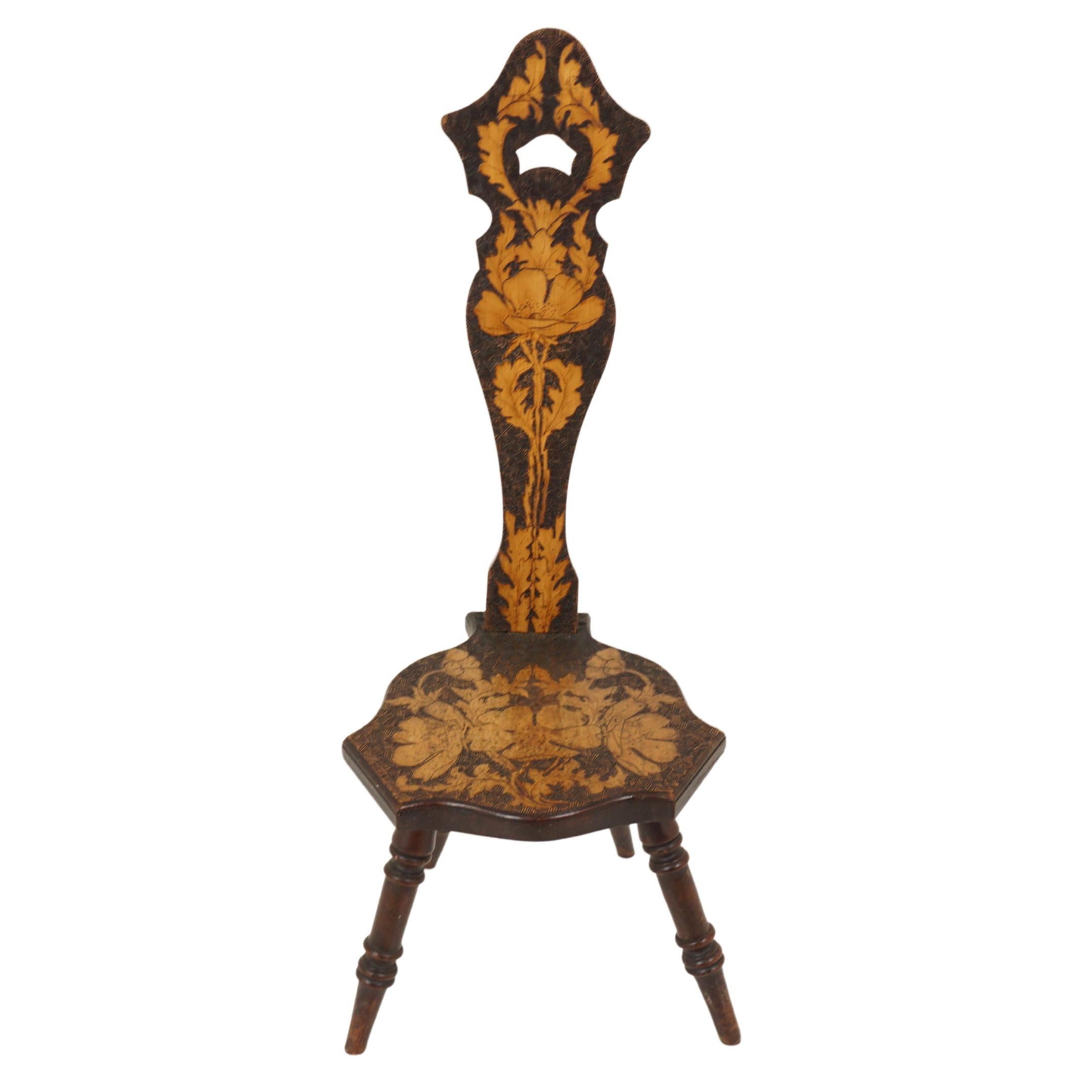 Antique Victorian Carved Spinning Chair, Poker Work, Scotland 1880, H272