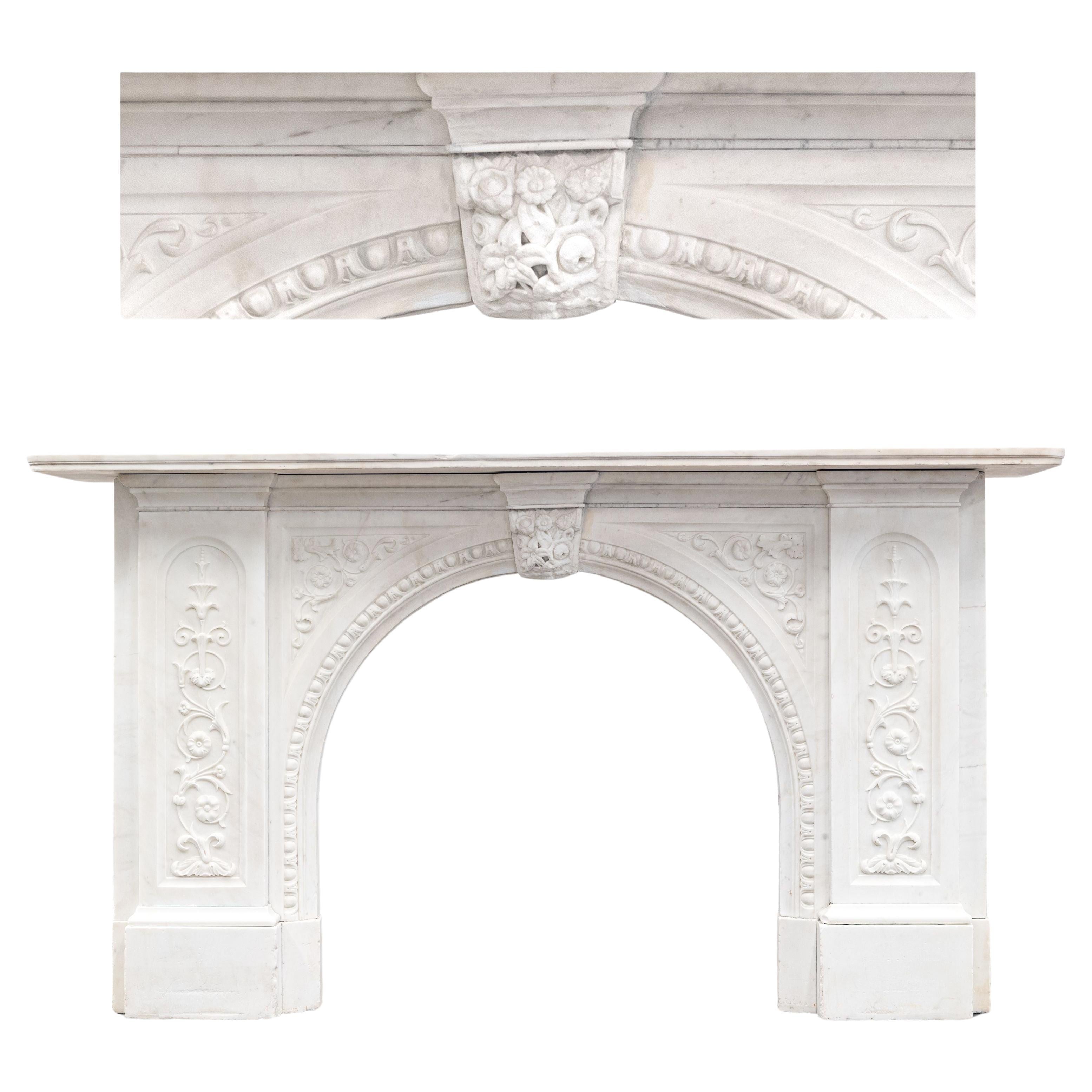 Antique Victorian Carved Statuary Marble Arched Chimneypiece For Sale