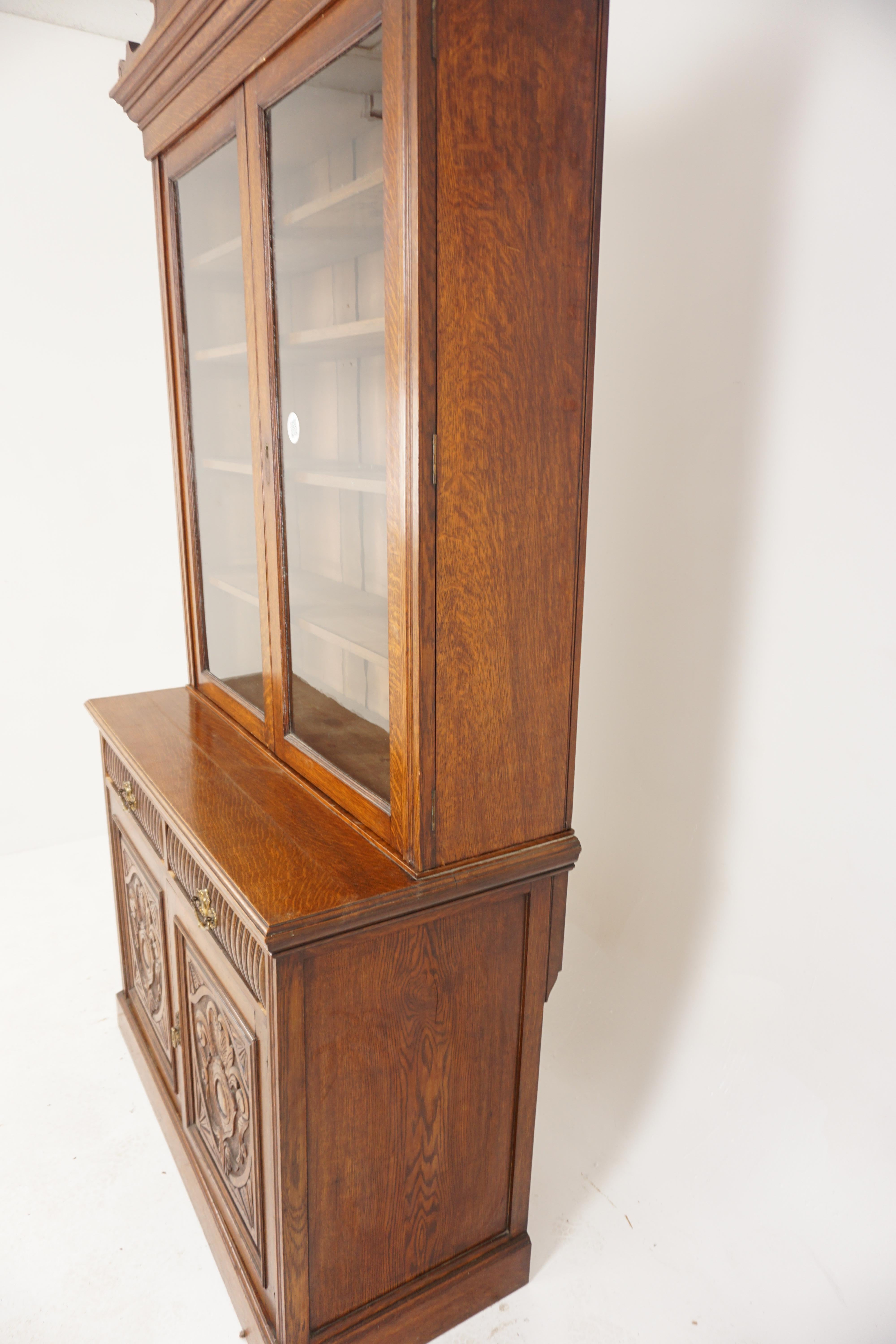 Antique Victorian Carved Tiger Oak Cabinet Bookcase Display, Scotland 1900, H876 For Sale 5