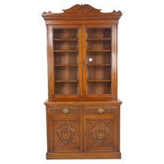 Antique Victorian Carved Tiger Oak Cabinet Bookcase Display, Scotland 1900, H876