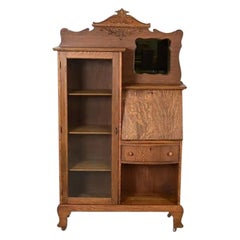 Antique Victorian Carved Tiger Oak Drop Front Secretary Desk, Circa 1900