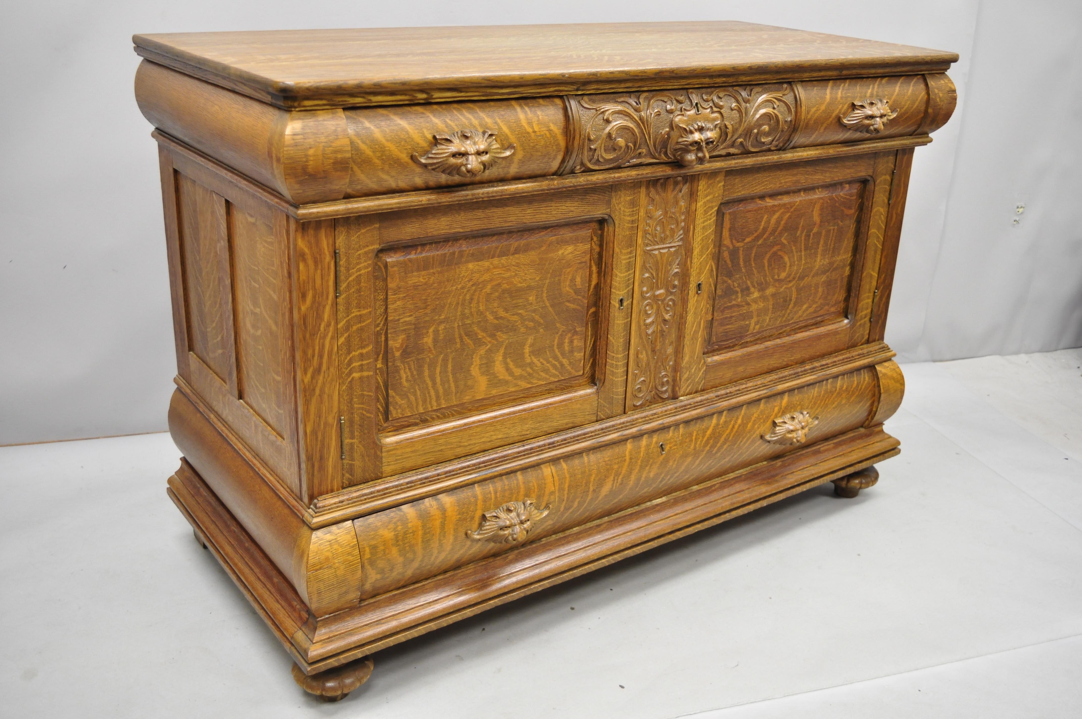 Antique Victorian Carved Tiger Oak Lion Head Sideboard Hutch Buffet Server 4