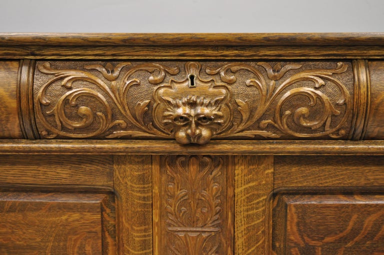 Antique Victorian Carved Tiger Oak Lion Head Sideboard Hutch Buffet