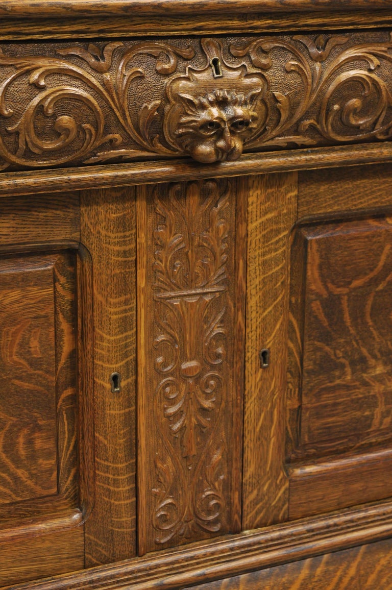 Antique Victorian Carved Tiger Oak Lion Head Sideboard Hutch Buffet