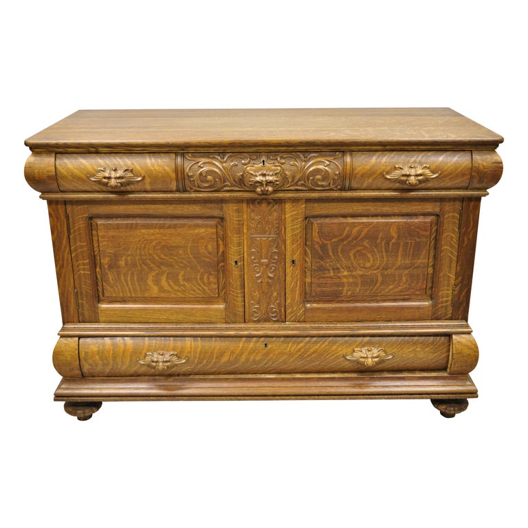 Antique Victorian Carved Tiger Oak Lion Head Sideboard Hutch Buffet