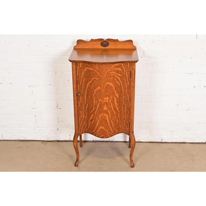 Arts and Crafts Antique Victorian Carved Tiger Oak Music Cabinet, Circa 1900 For Sale