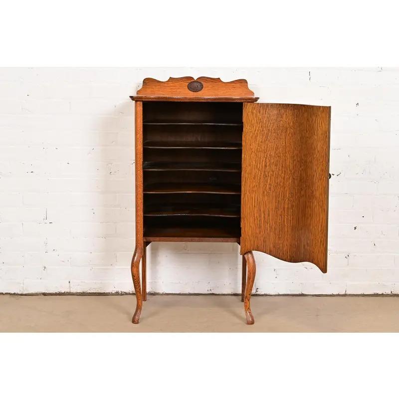 Antique Victorian Carved Tiger Oak Music Cabinet, Circa 1900 For Sale 1