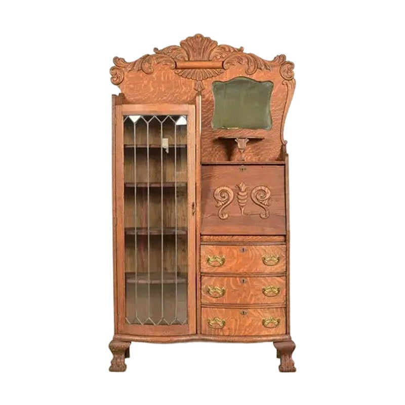 Ancienne bibliothèque victorienne en chêne tigré sculpté, Circa 1900 en vente