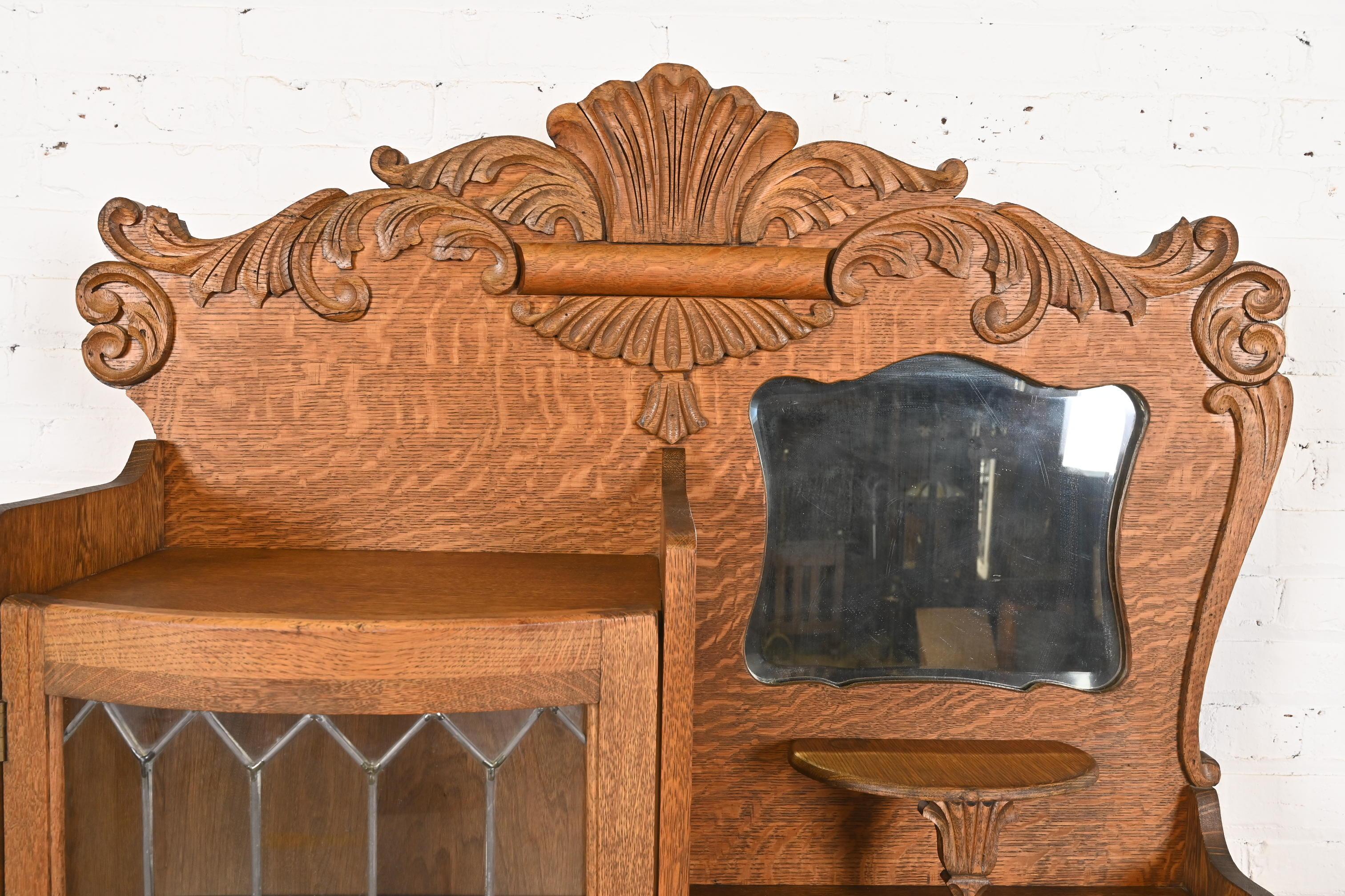 Antique Victorian Carved Tiger Oak Side-by-Side Bookcase With Secretary Desk 4