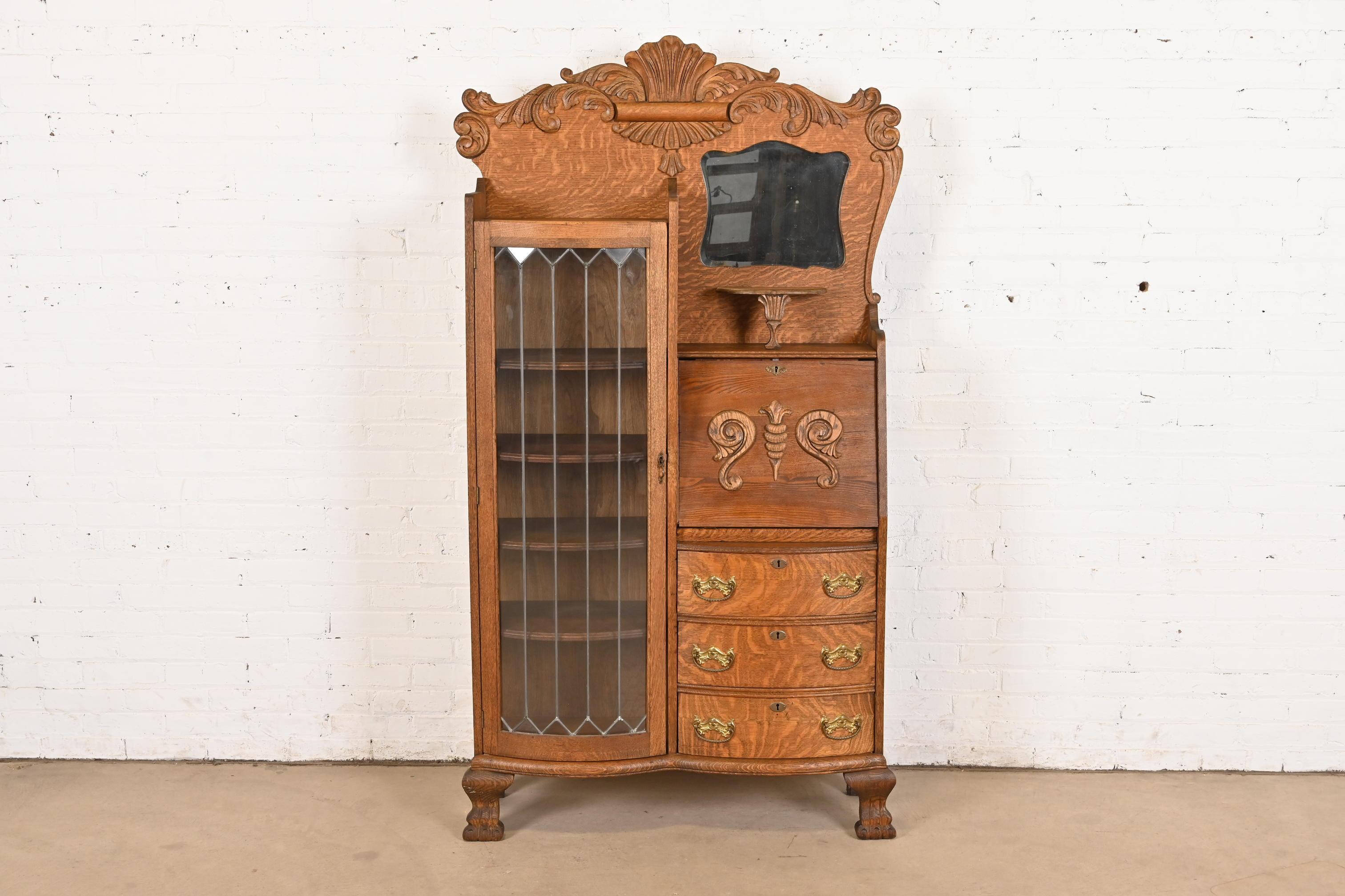 American Antique Victorian Carved Tiger Oak Side-by-Side Bookcase With Secretary Desk