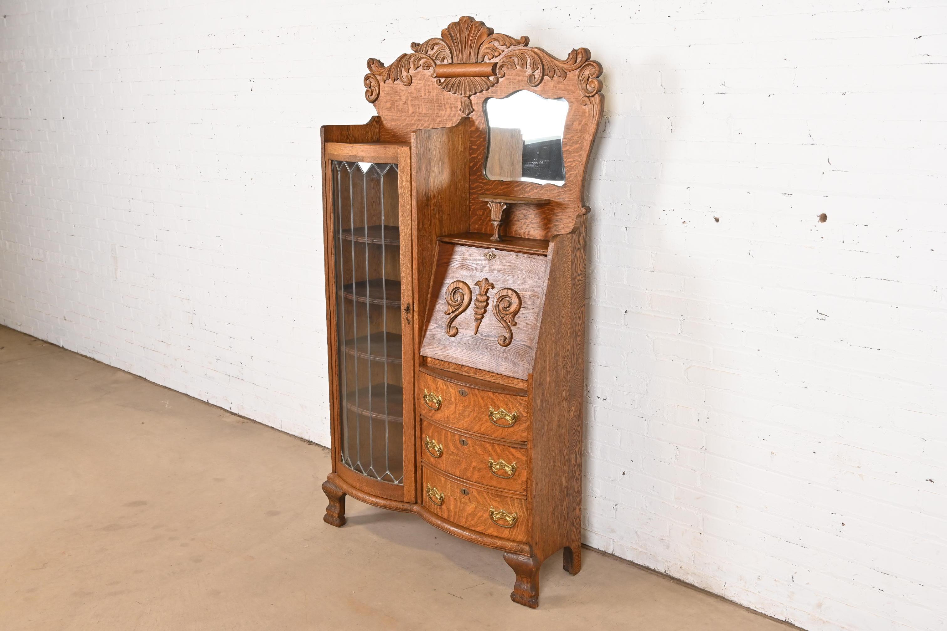 Antique Victorian Carved Tiger Oak Side-by-Side Bookcase With Secretary Desk In Good Condition In South Bend, IN