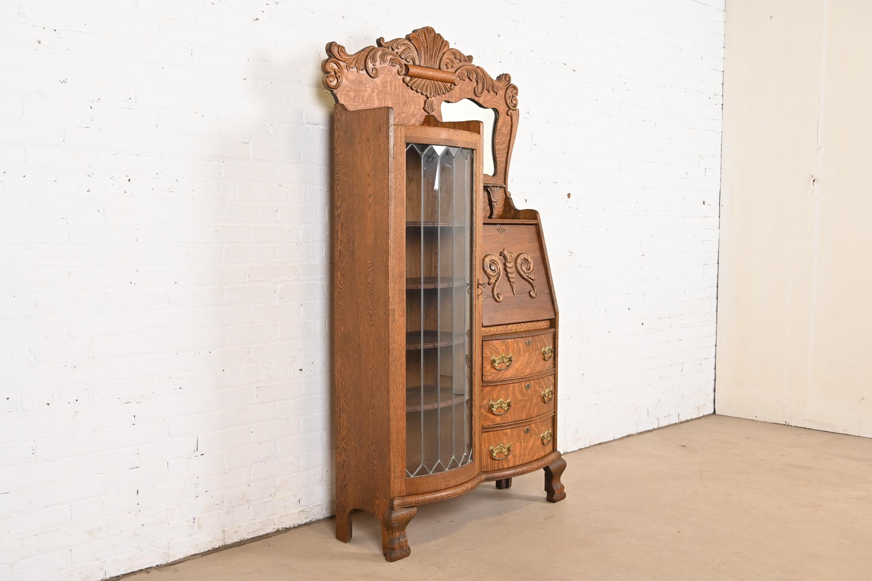20th Century Antique Victorian Carved Tiger Oak Side-by-Side Bookcase With Secretary Desk