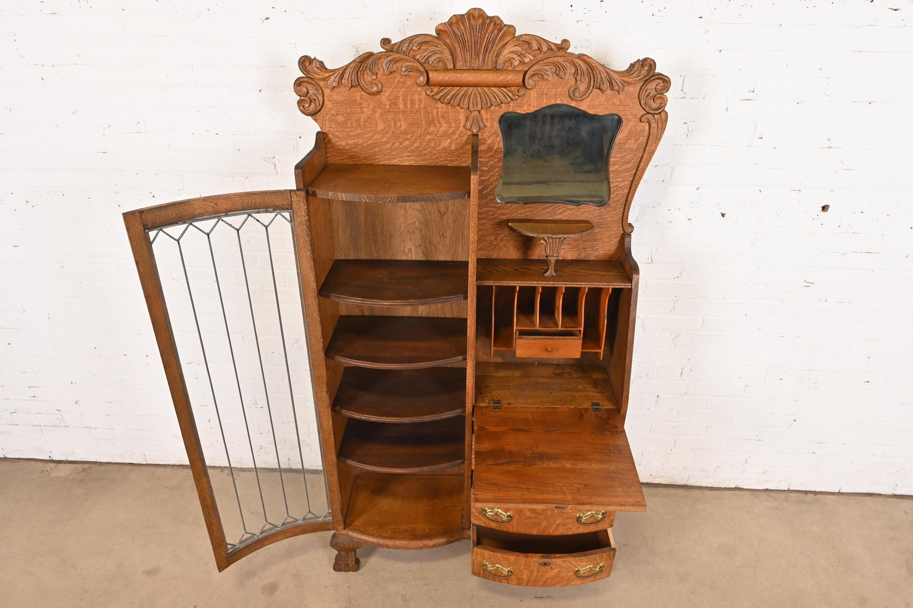 Glass Antique Victorian Carved Tiger Oak Side-by-Side Bookcase With Secretary Desk