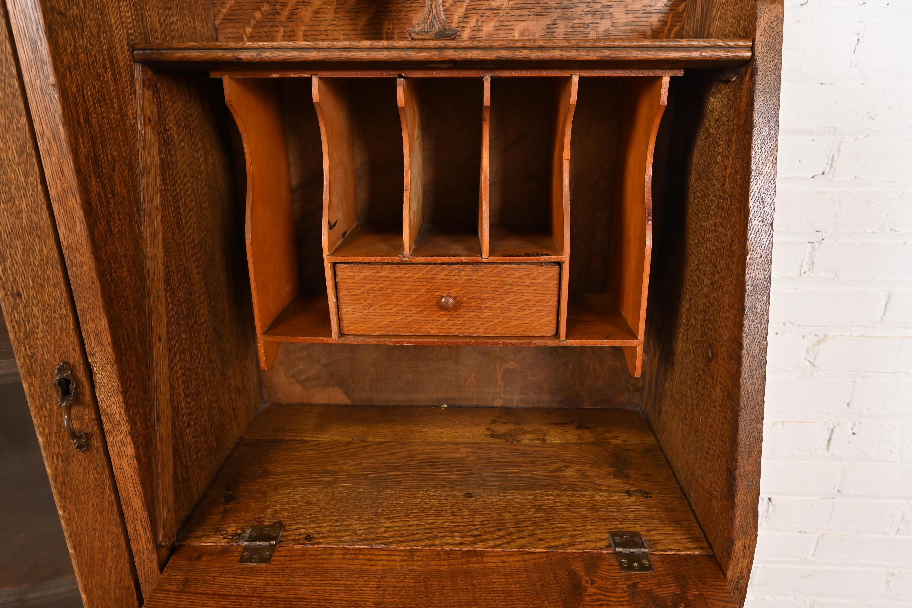 Antique Victorian Carved Tiger Oak Side-by-Side Bookcase With Secretary Desk 1