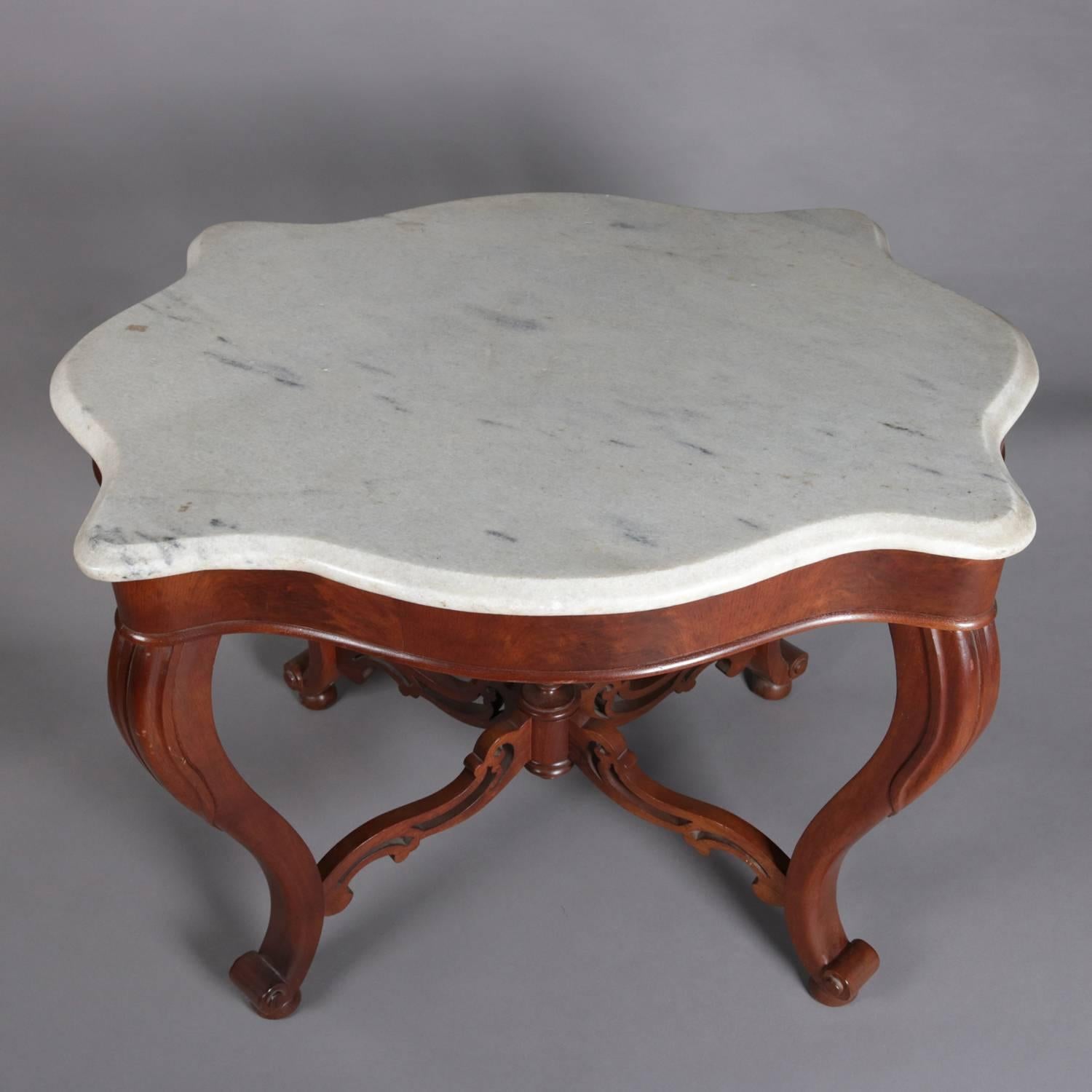 Beveled Antique Victorian Carved Walnut & Marble Turtle Back Parlor Table, 19th Century