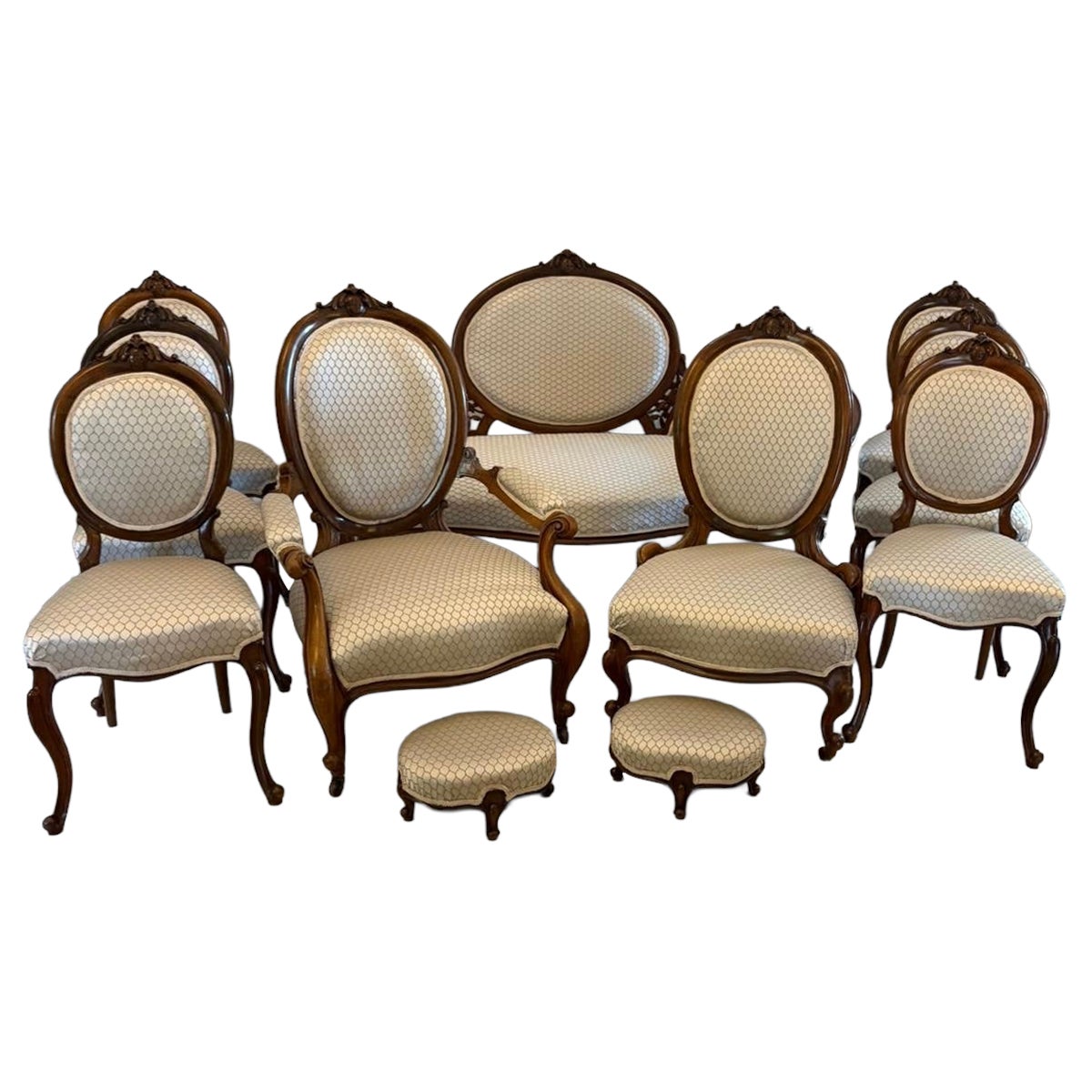 Antique Victorian Carved Walnut 11 Piece Salon/Drawing Room Suite