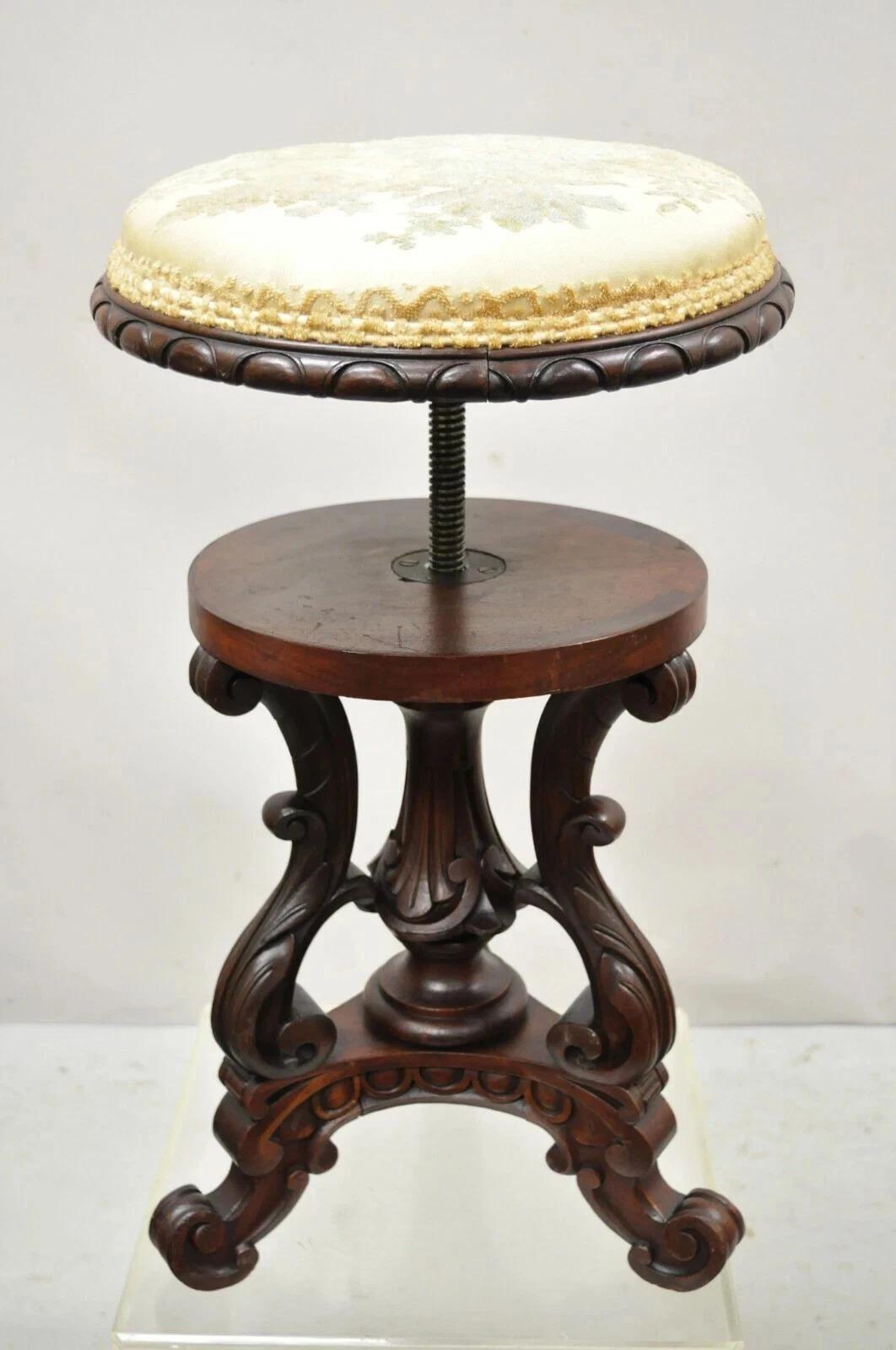 Antique Victorian Carved Walnut Adjustable Height Pedestal Base Piano Stool For Sale 7