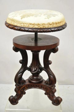 Antique Victorian Carved Walnut Adjustable Height Pedestal Base Piano Stool