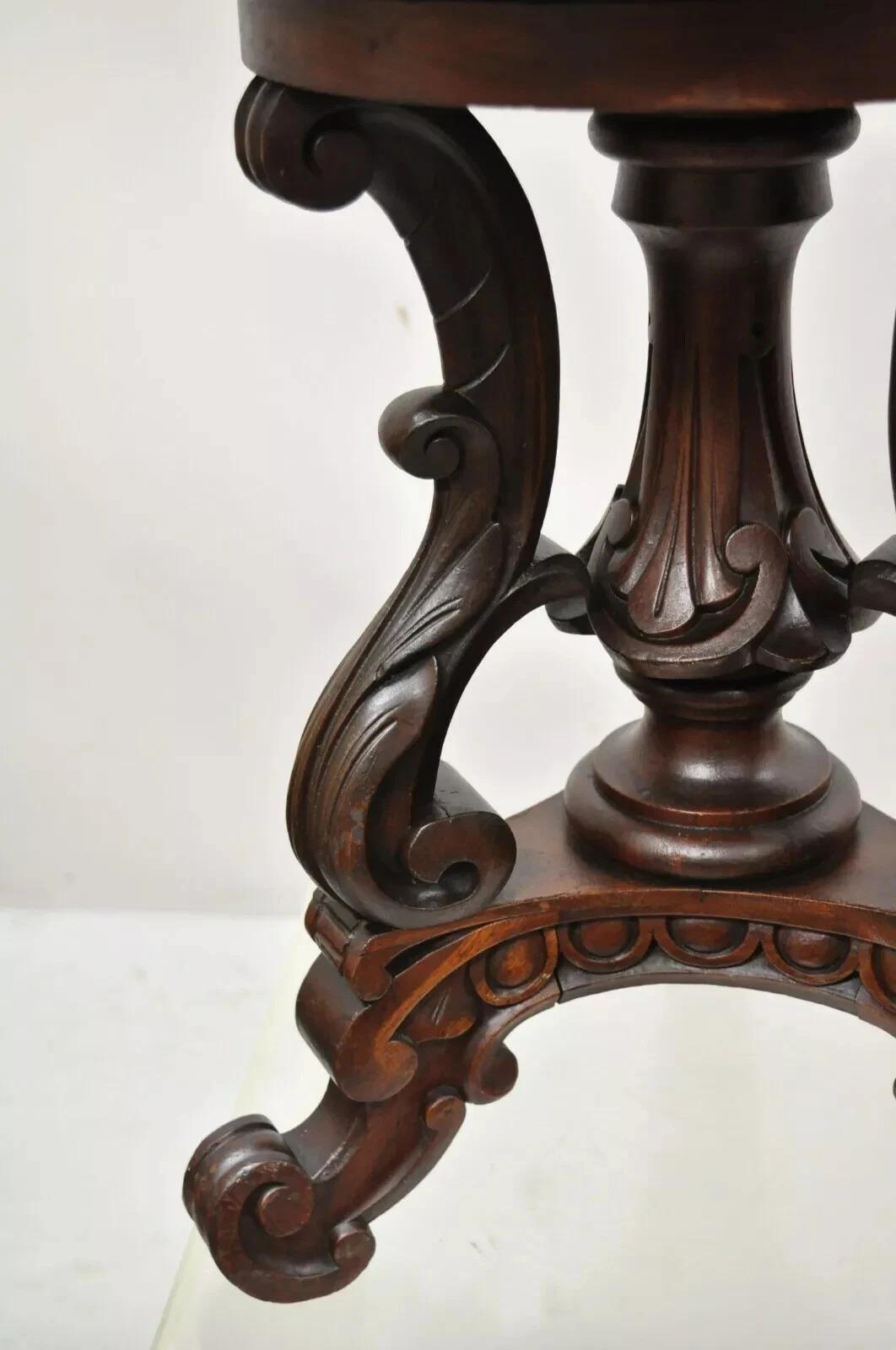 19th Century Antique Victorian Carved Walnut Adjustable Height Pedestal Base Piano Stool For Sale