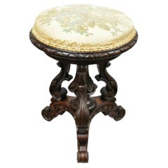 Antique Victorian Carved Walnut Adjustable Height Pedestal Base Piano Stool