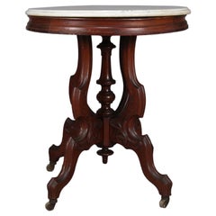 Antique Victorian Carved Walnut and Bevelled Marble Round Centre Table
