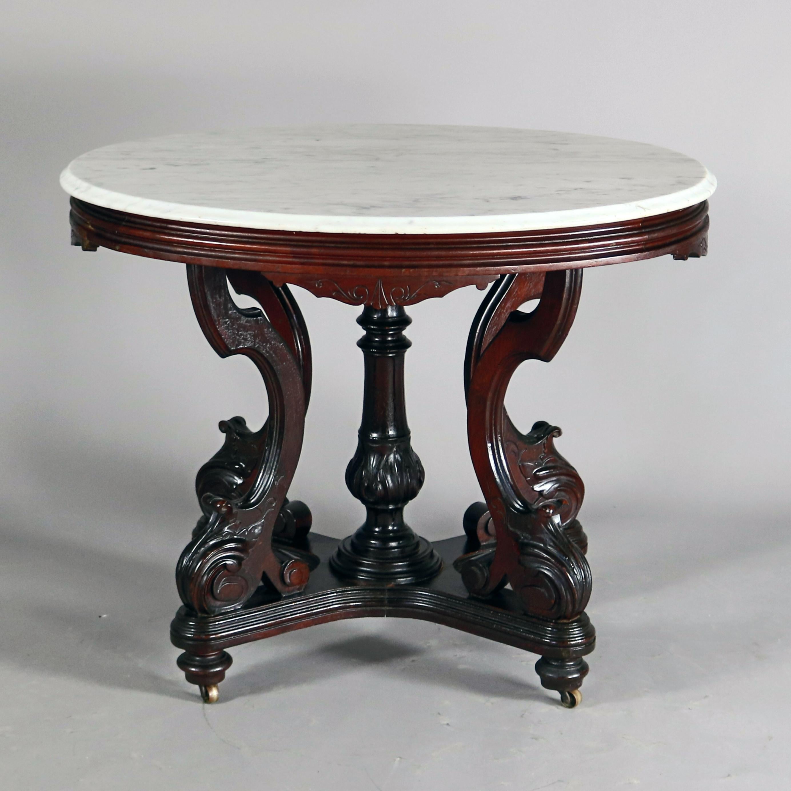 Antique Victorian Carved Walnut and Marble Center Table, circa 1880 2