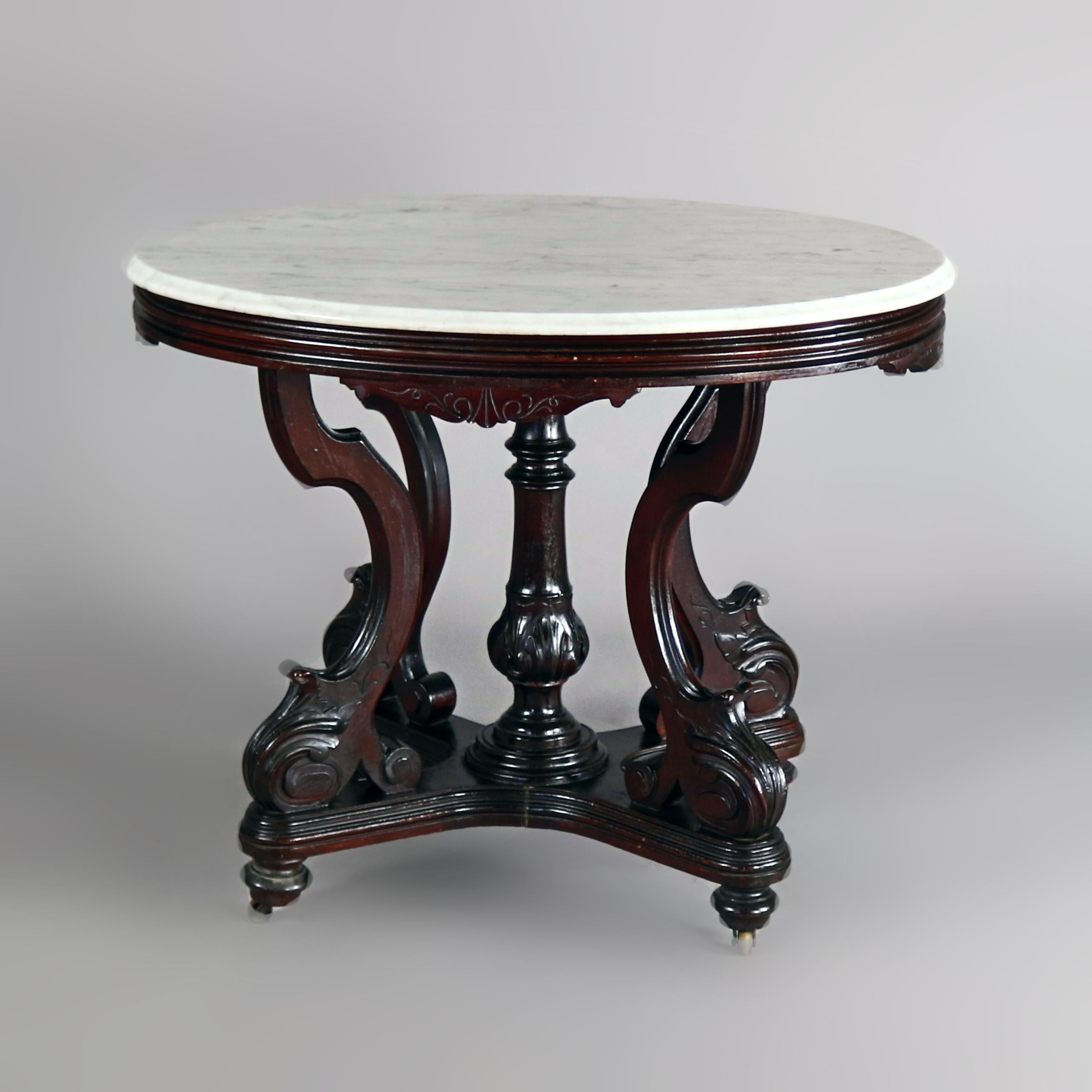 American Antique Victorian Carved Walnut and Marble Center Table, circa 1880