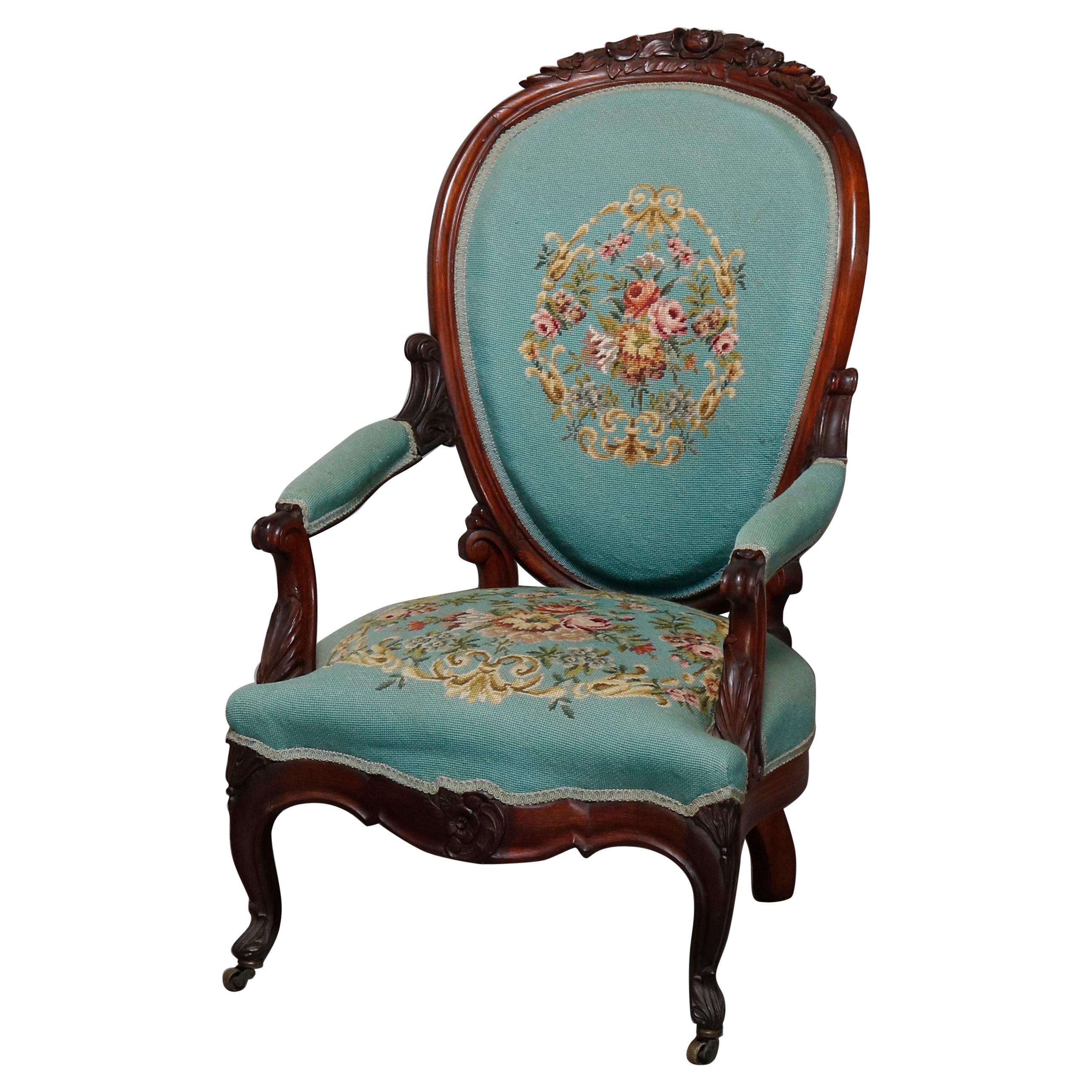 Antique Victorian Carved Walnut and Needlepoint Parlor Armchair, circa 1880