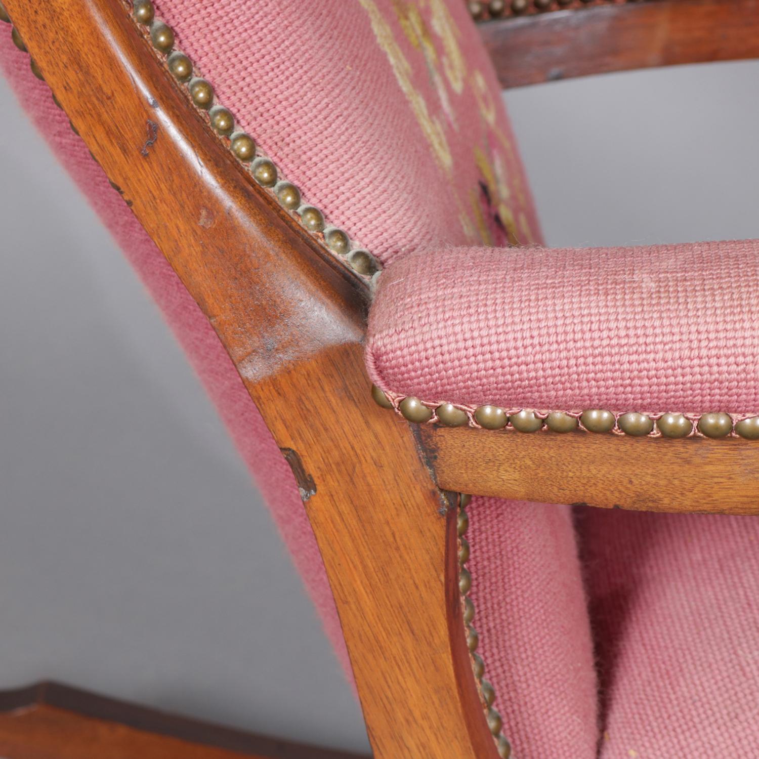 19th Century Antique Victorian Carved Walnut and Needlepoint Upholstered Lincoln Rocker