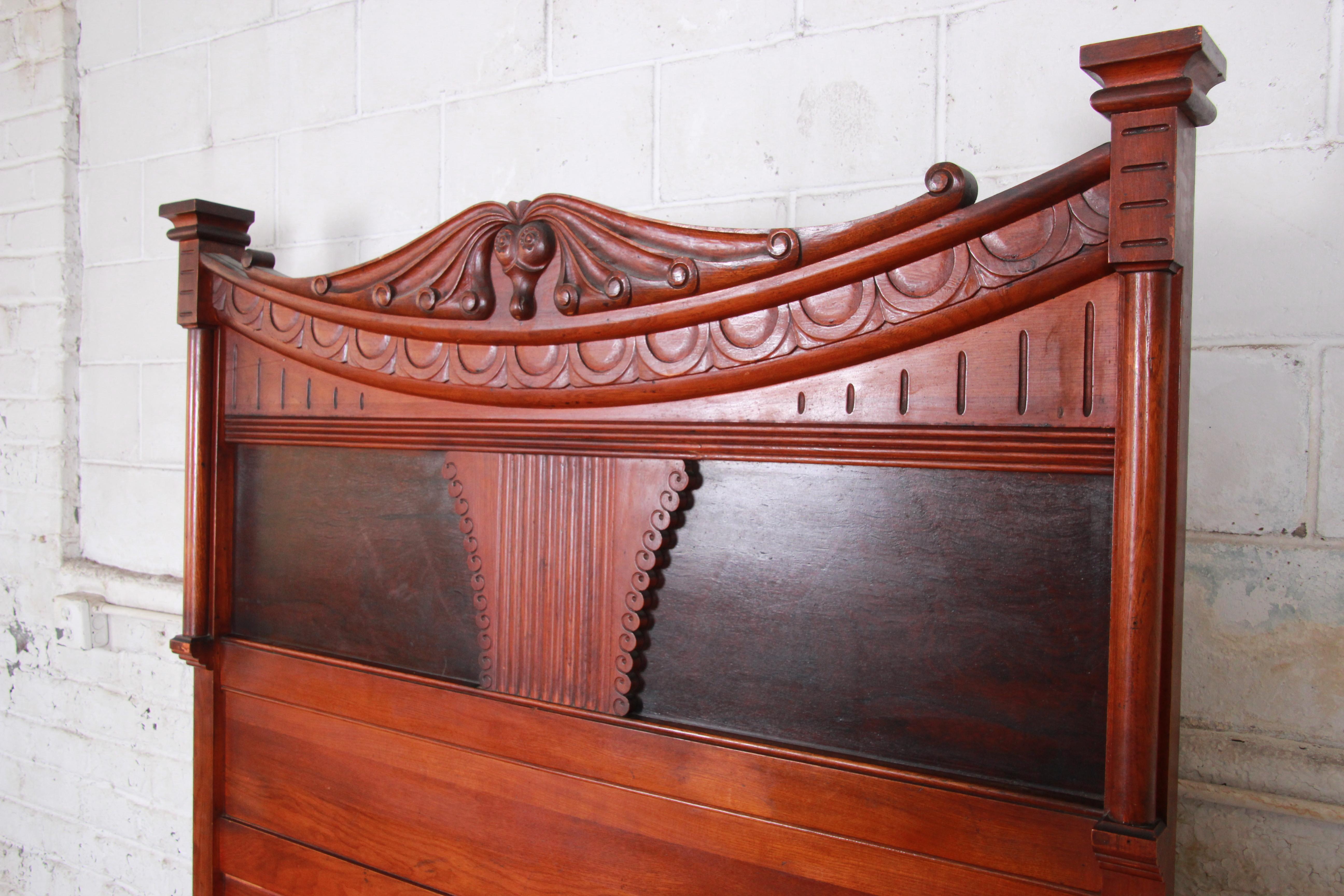 19th Century Antique Victorian Carved Walnut and Rosewood Full Size Bed Frame, circa 1870