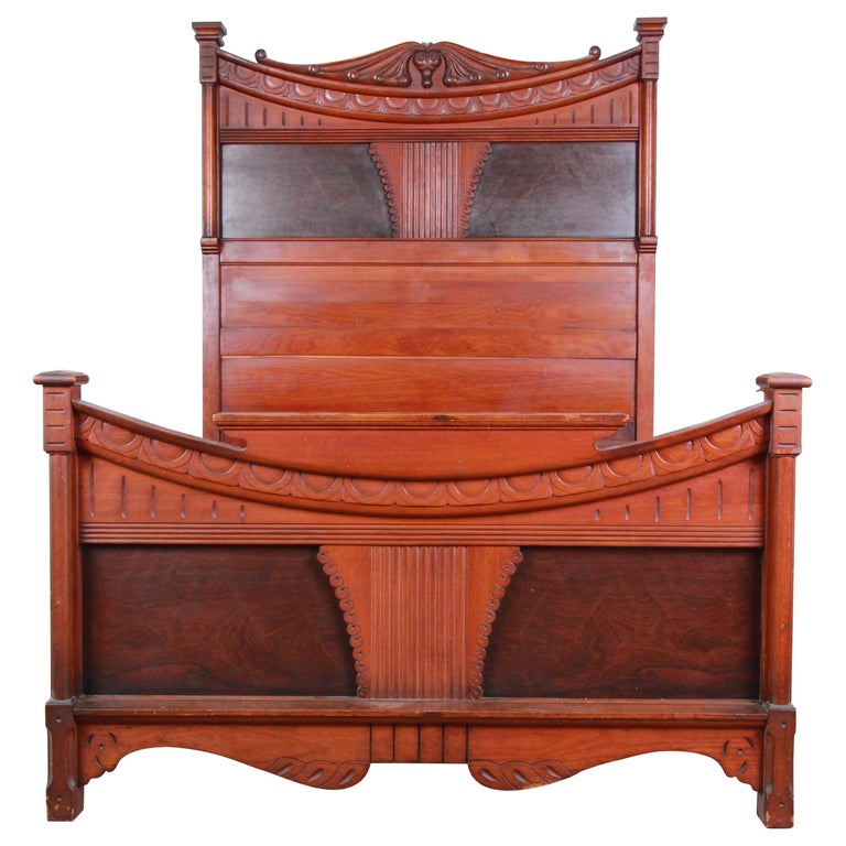 Antique Victorian Carved Walnut and Rosewood Full Size Bed Frame, circa