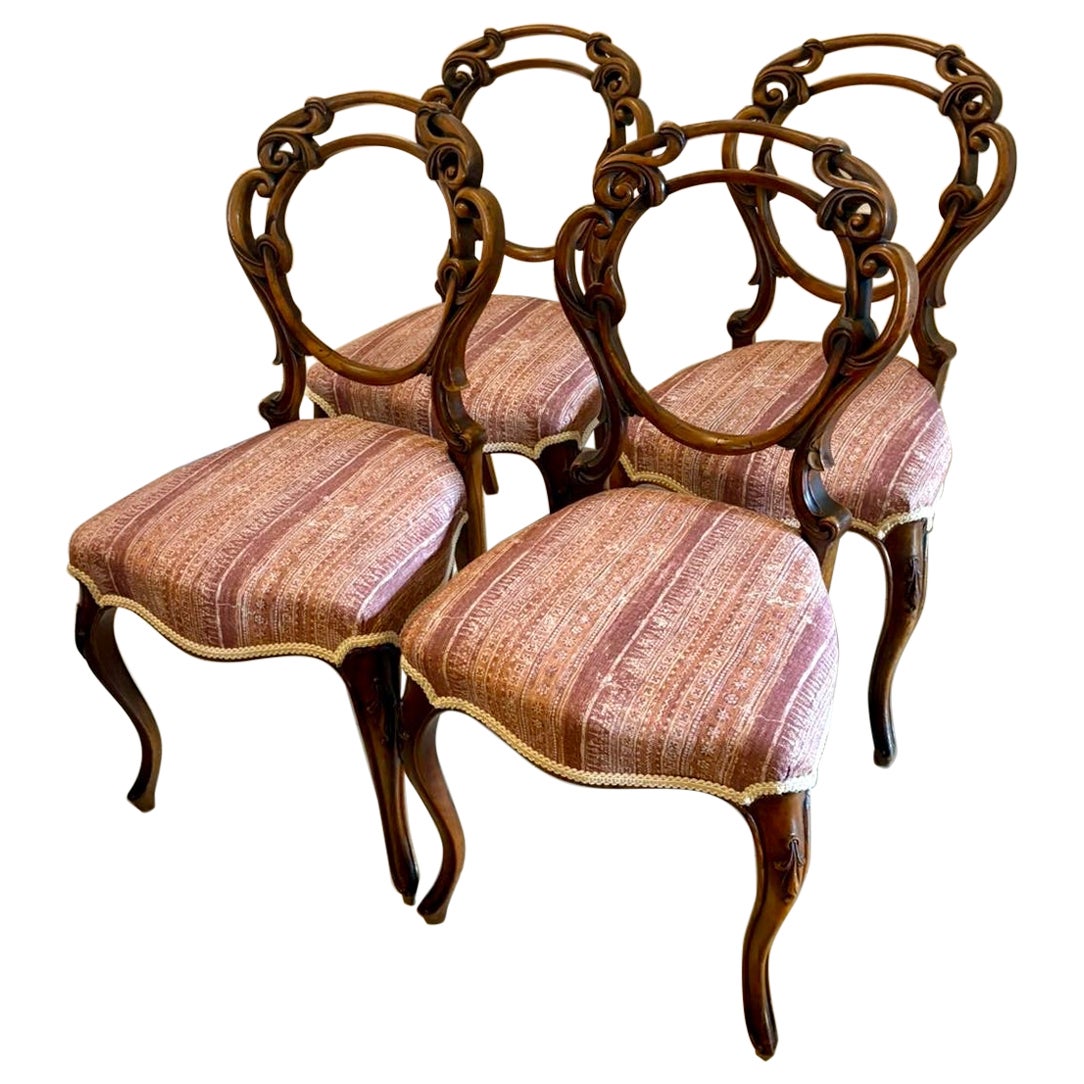 Antique Victorian Carved Walnut Balloon Back Dining Chairs Set of Four For Sale
