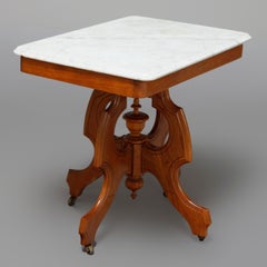 Antique Victorian Carved Walnut and Beveled Marble Side Table, circa 1880