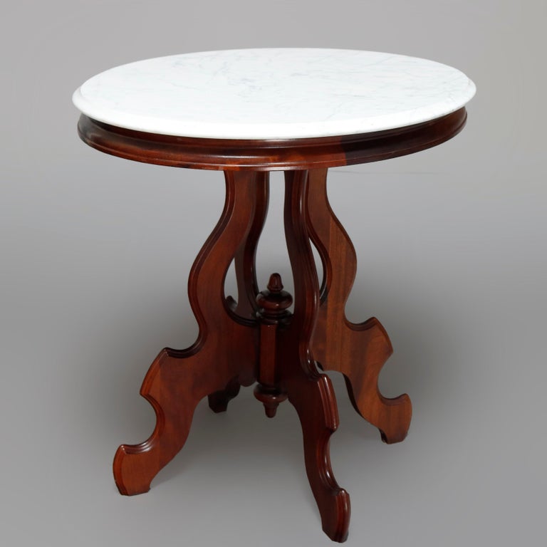 Antique Victorian Carved Walnut and Beveled Marble Side Table, circa