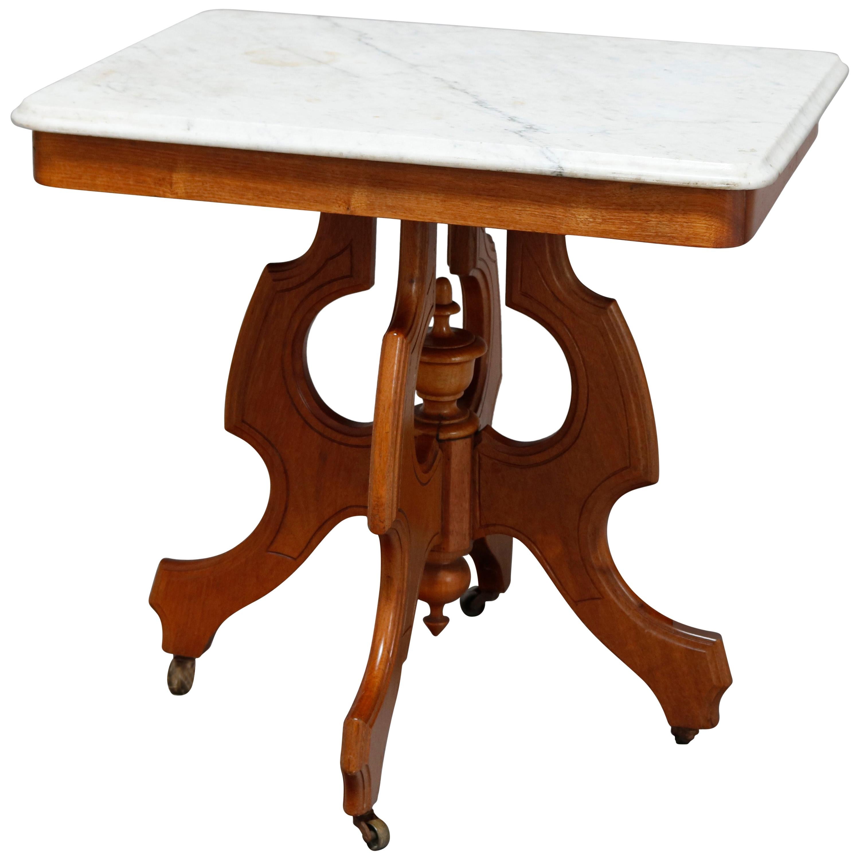 Antique Victorian Carved Walnut and Beveled Marble Side Table, circa 1880