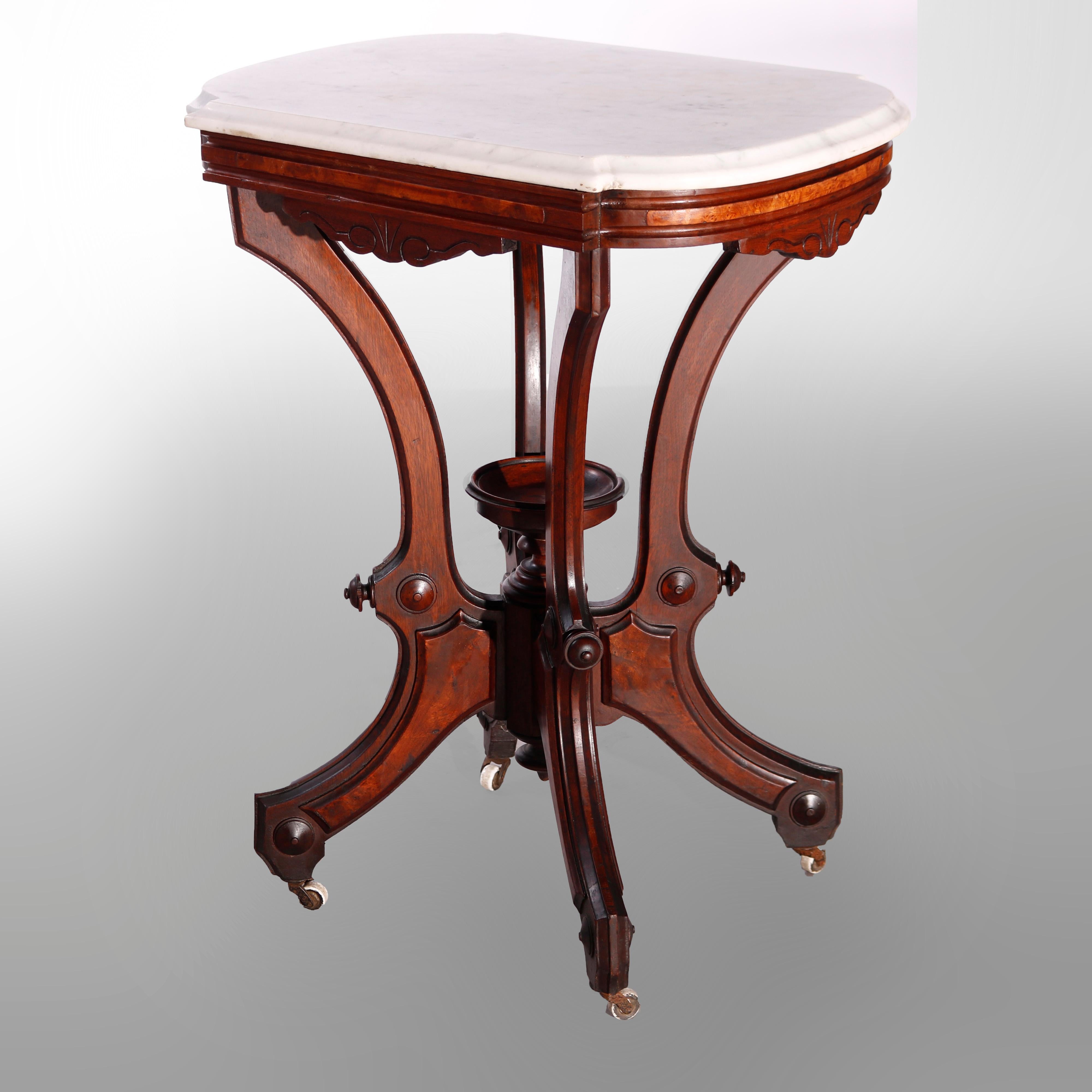 Antique Victorian Carved Walnut, Burl & Marble Parlor Table circa 1890 In Good Condition In Big Flats, NY