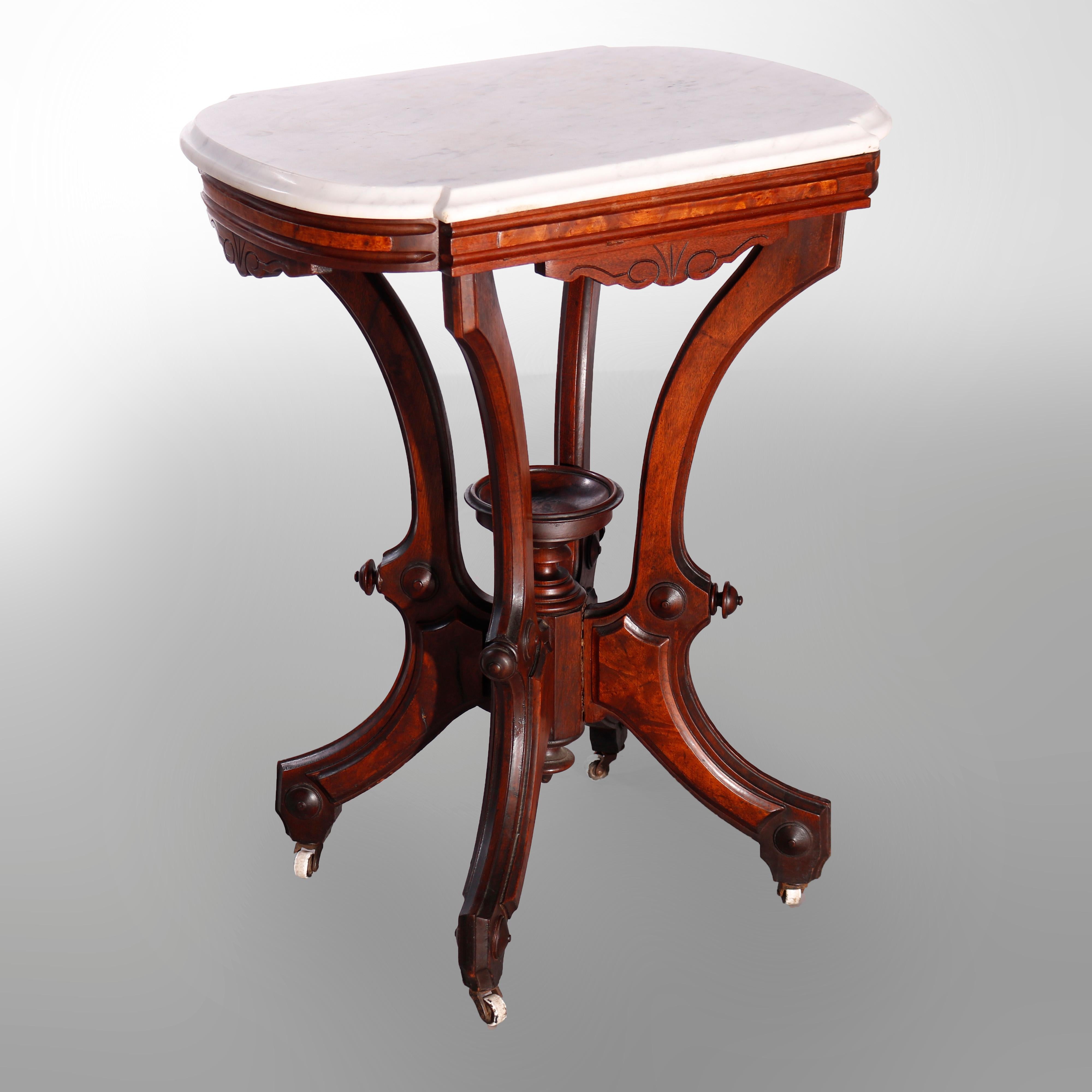 19th Century Antique Victorian Carved Walnut, Burl & Marble Parlor Table circa 1890