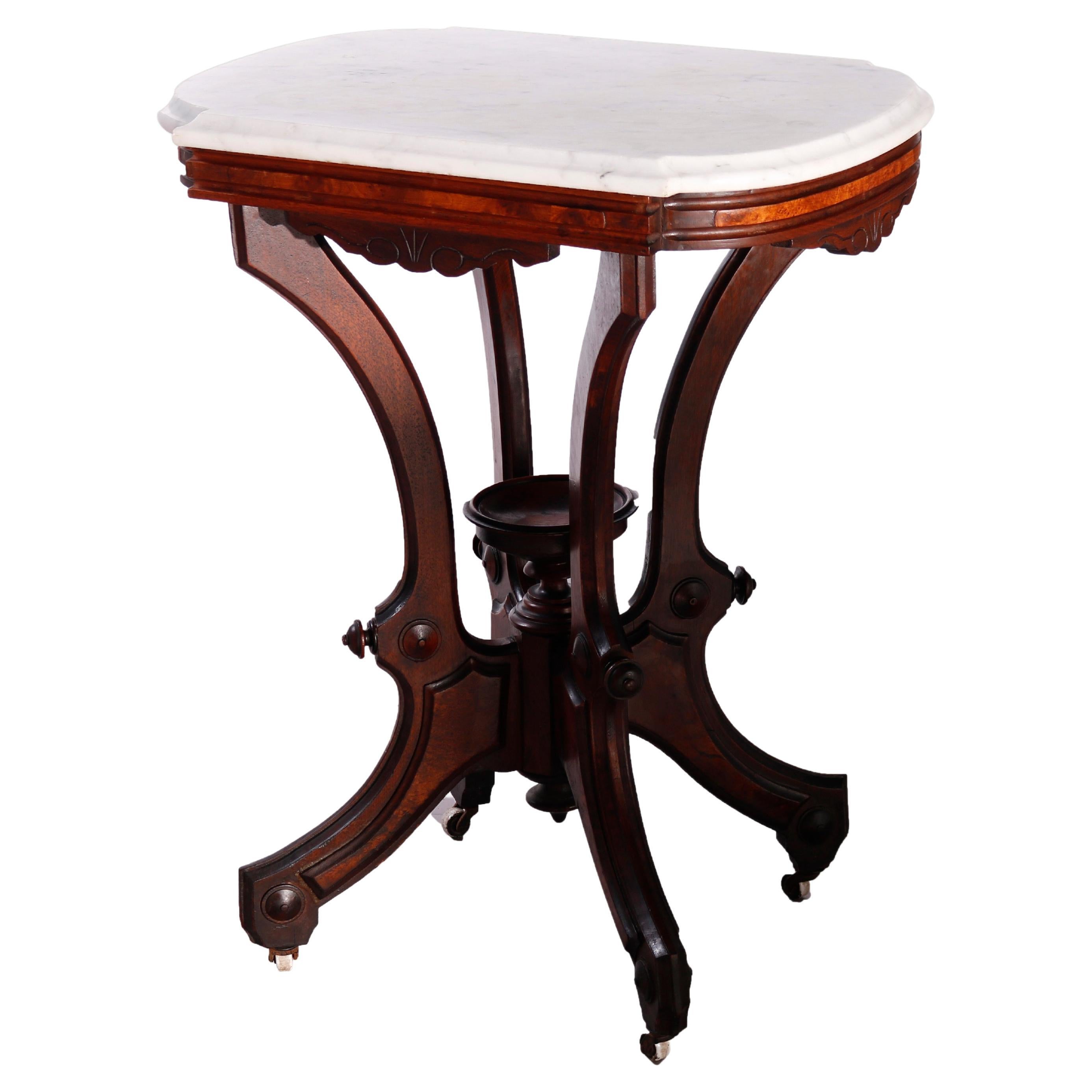 Antique Victorian Carved Walnut, Burl & Marble Parlor Table circa 1890