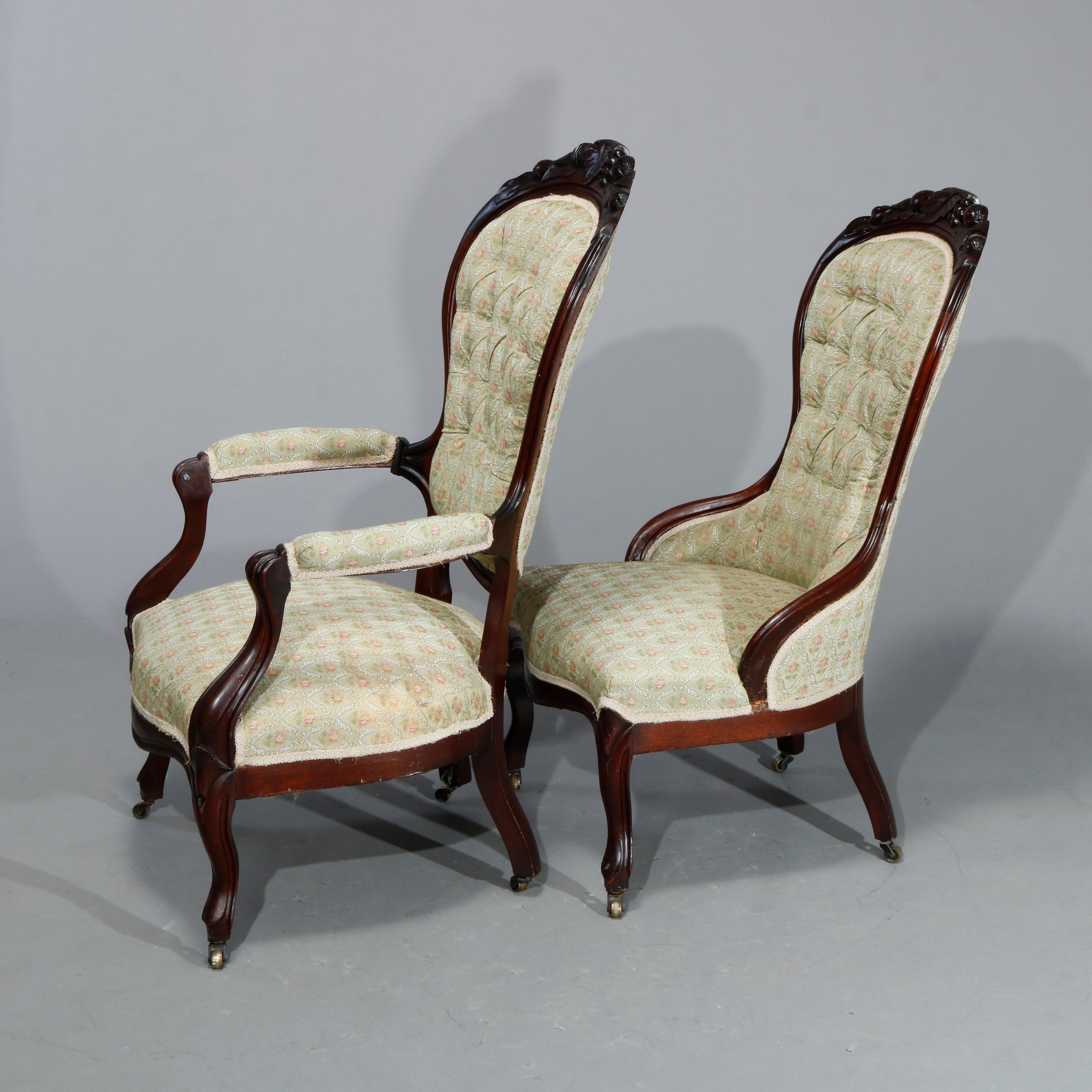 Antique Victorian Carved Walnut & Button Back Upholstered Parlor Chairs, c1890 1