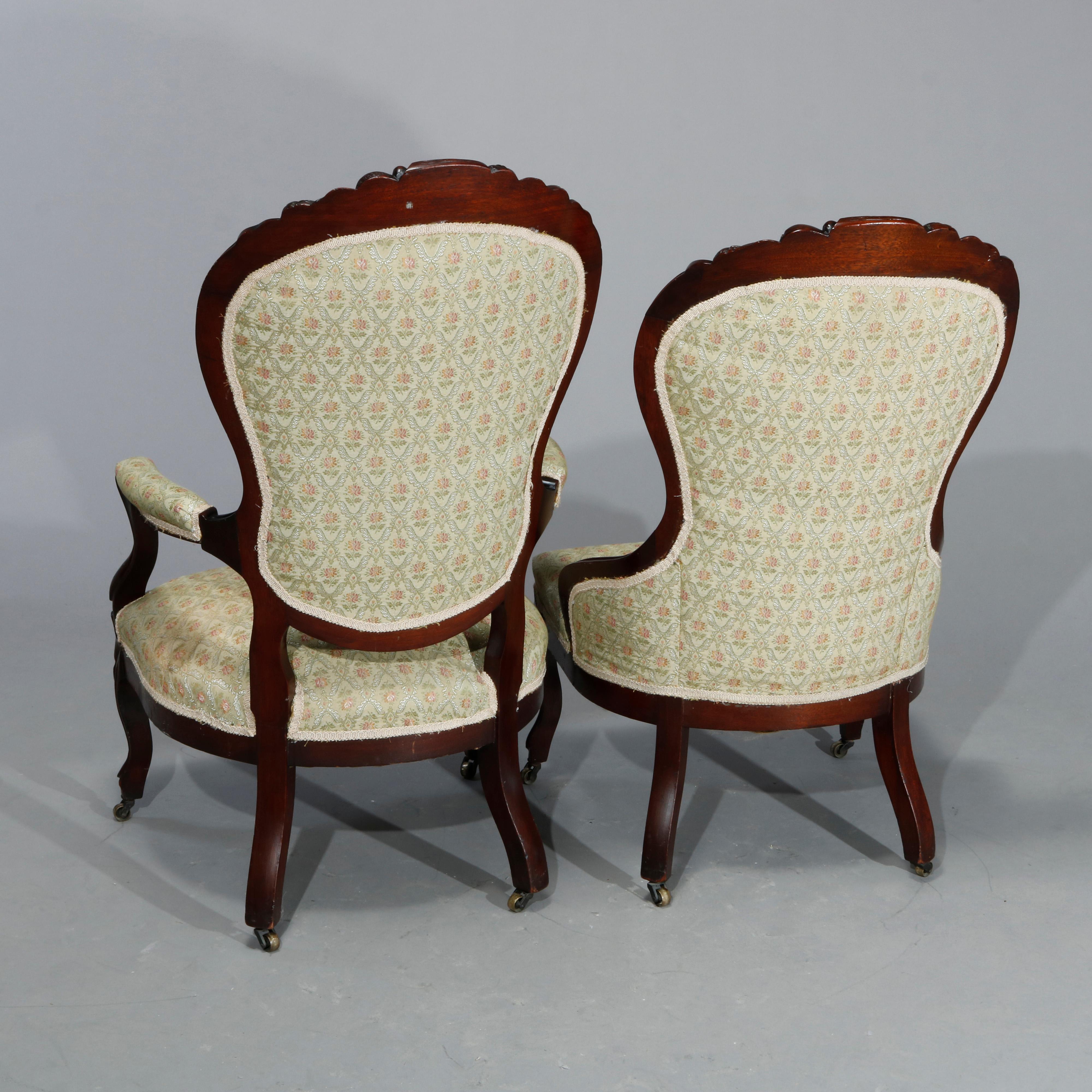 Antique Victorian Carved Walnut & Button Back Upholstered Parlor Chairs, c1890 2