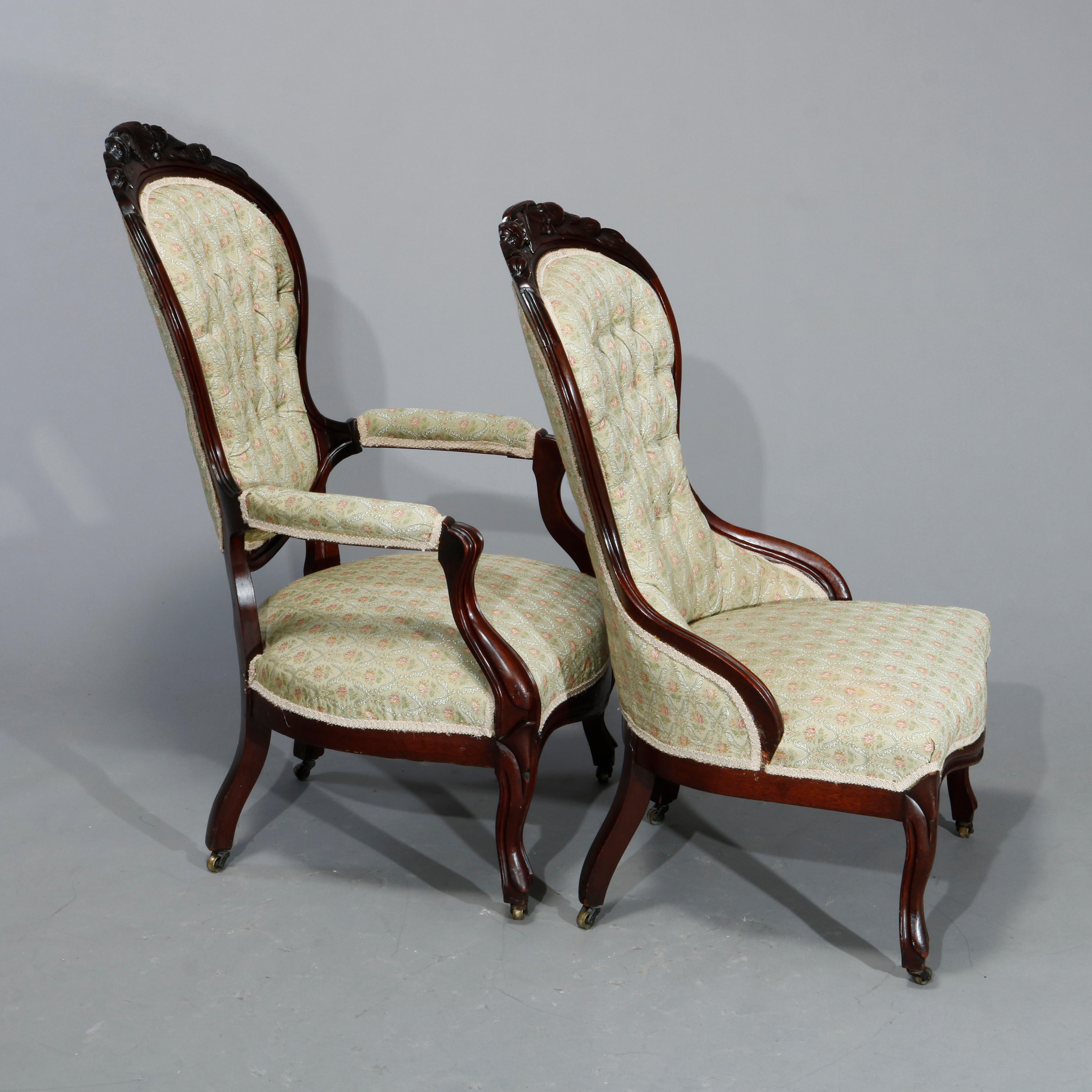 Antique Victorian Carved Walnut & Button Back Upholstered Parlor Chairs, c1890 3