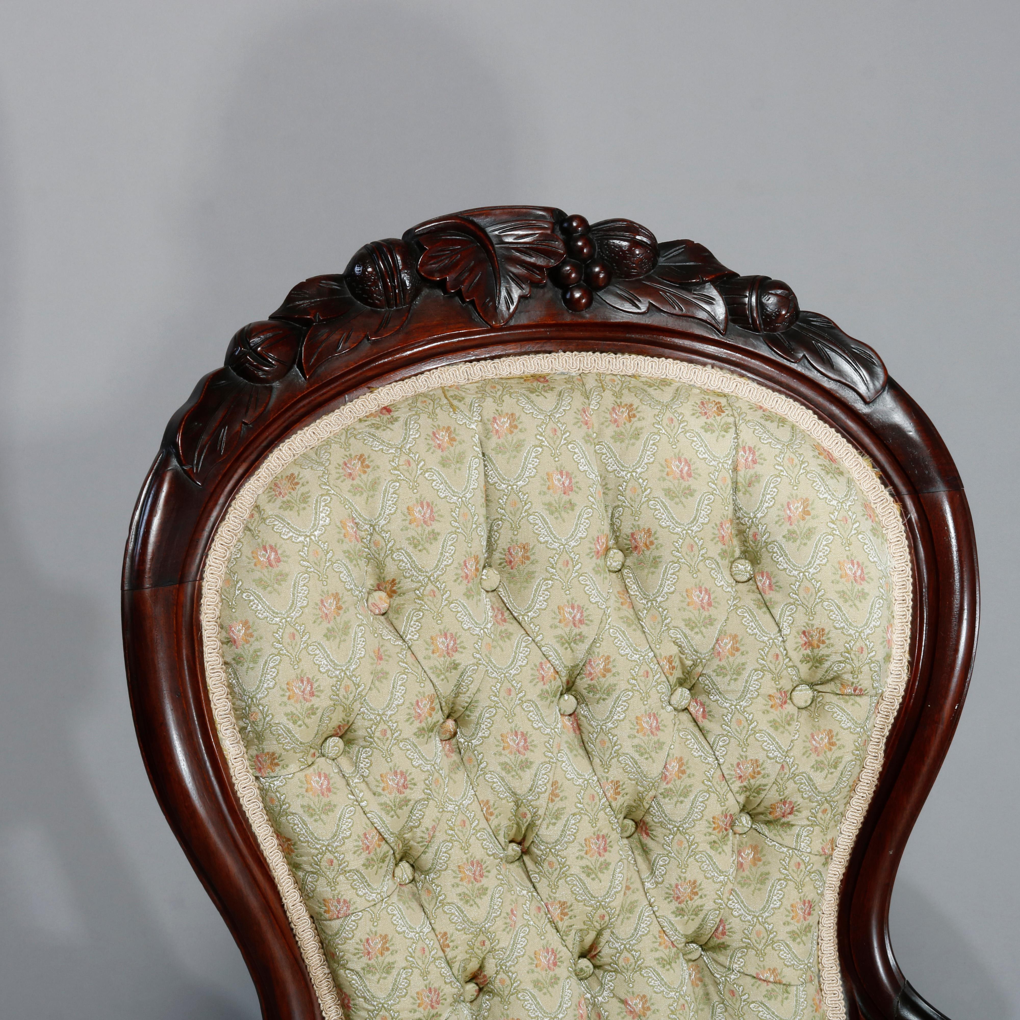 Antique Victorian Carved Walnut & Button Back Upholstered Parlor Chairs, c1890 4