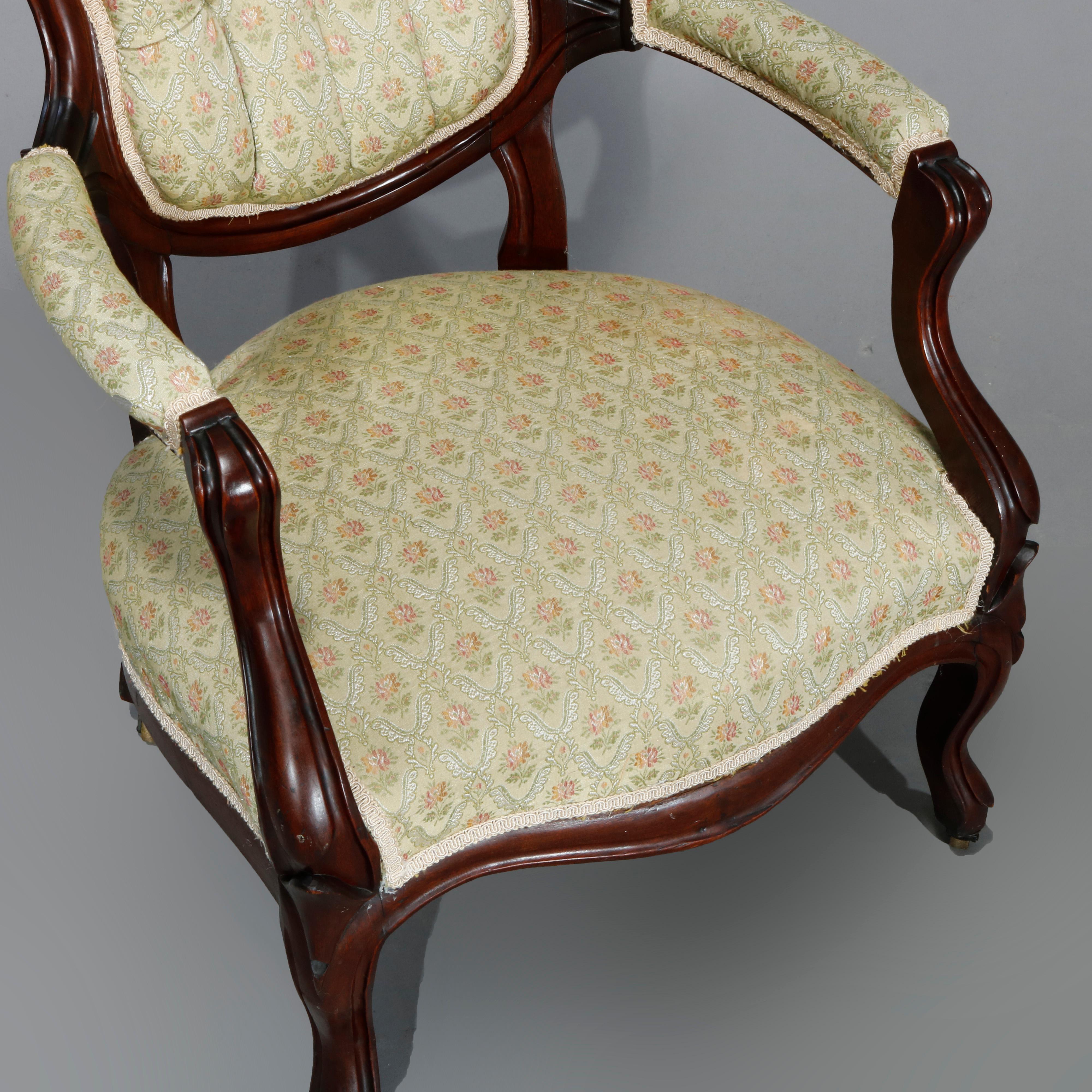 Antique Victorian Carved Walnut & Button Back Upholstered Parlor Chairs, c1890 9