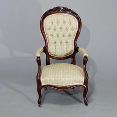 Antique Victorian Carved Walnut & Button Back Upholstered Parlor Chairs, c1890