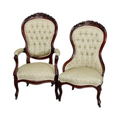 Antique Victorian Carved Walnut & Button Back Upholstered Parlor Chairs, c1890