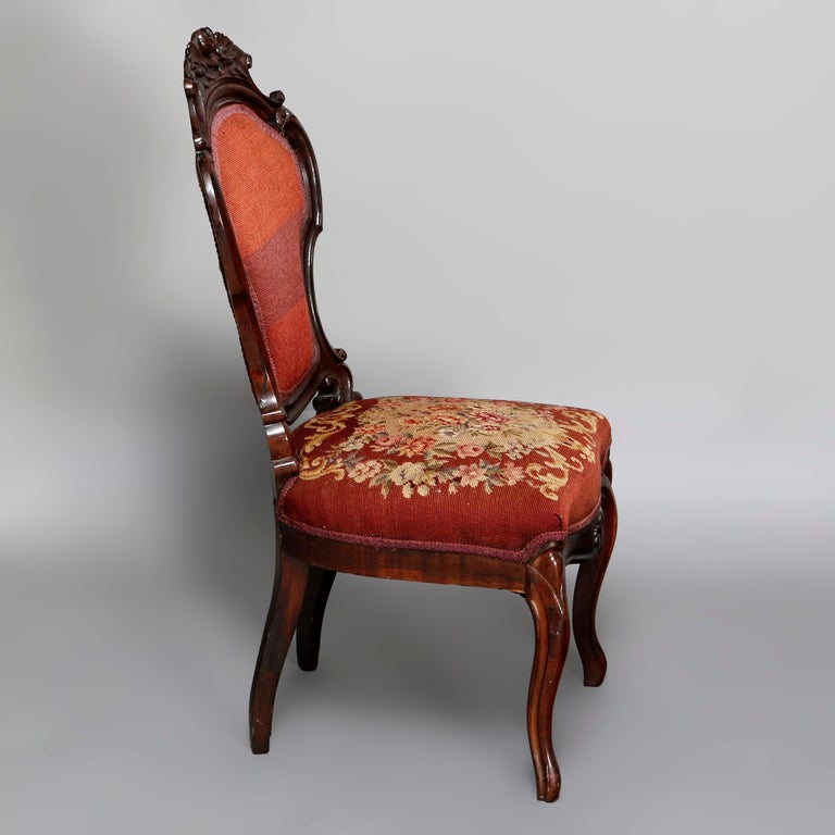 Antique Victorian Carved Walnut and Floral Needlepoint Parlor Chair