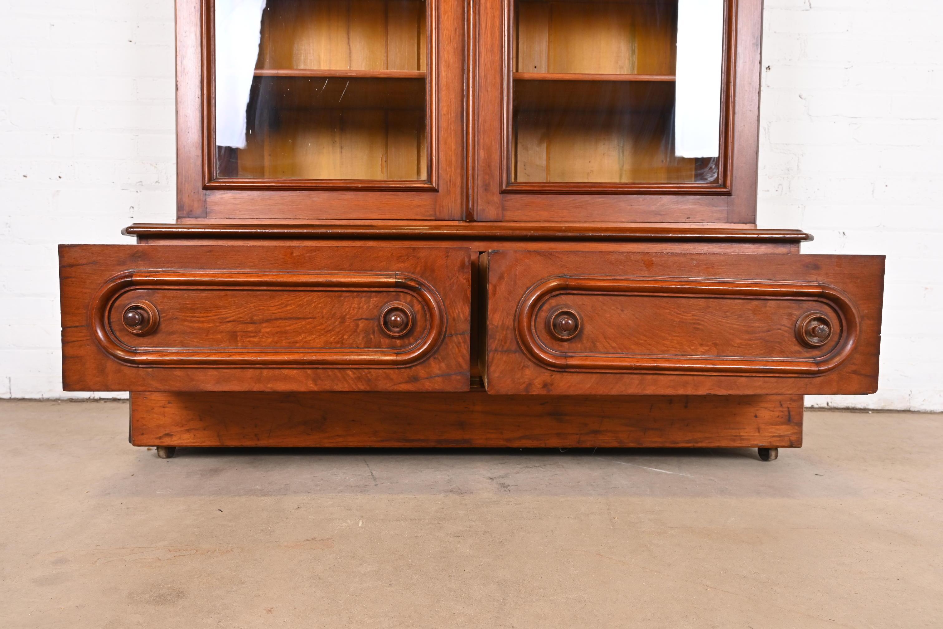 Antique Victorian Carved Walnut Glass Front Bookcase Cabinet, Circa 1880s For Sale 1