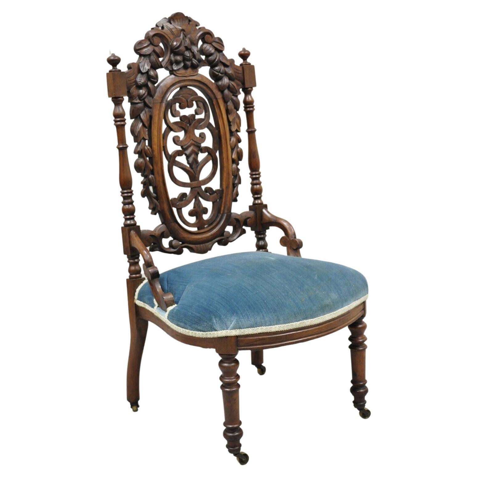 Antique Victorian Carved Walnut Harvest Vine Slipper Chair After John Belter For Sale